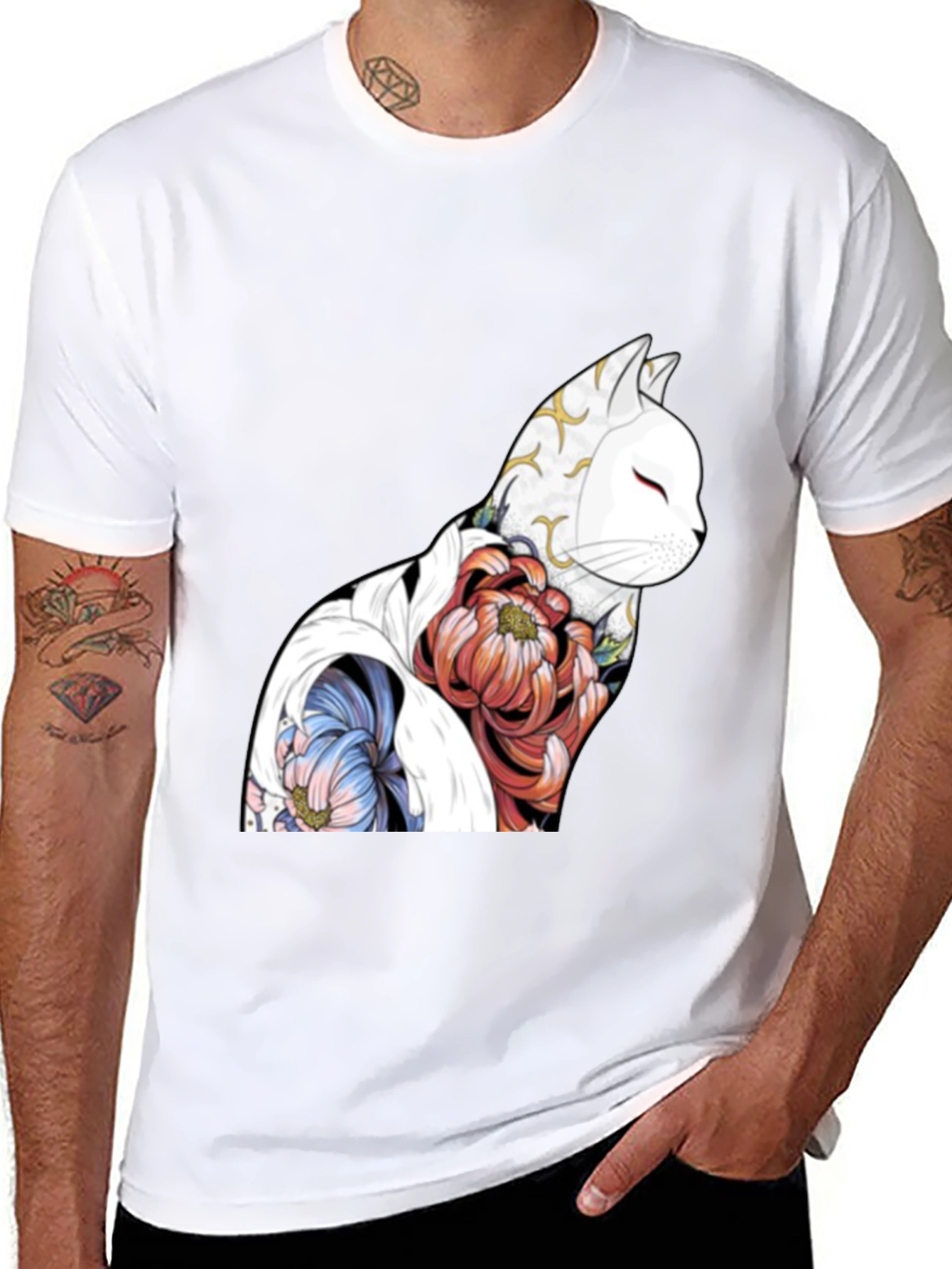 Floral Cat Graphic Black T-Shirt
