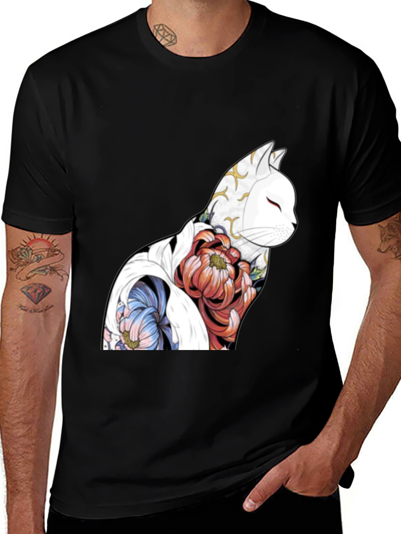 Floral Cat Graphic Black T-Shirt