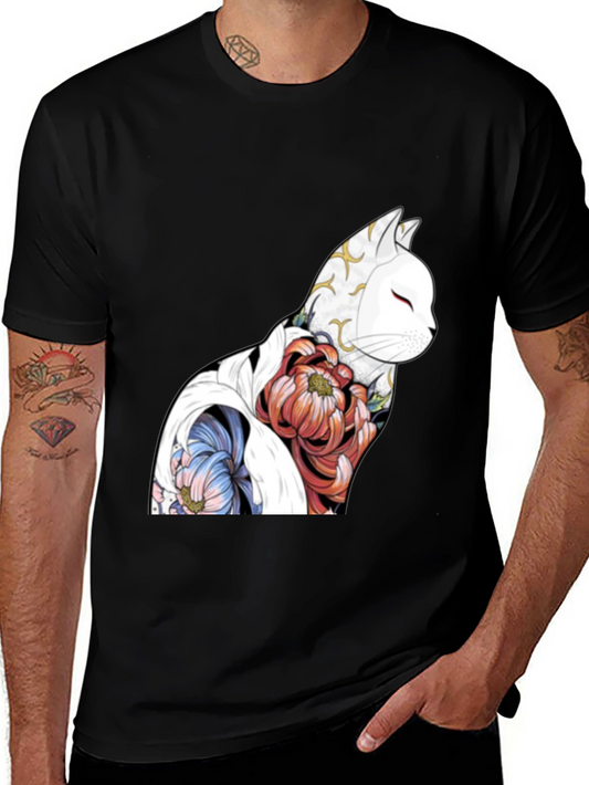 Floral Cat Graphic Black T-Shirt