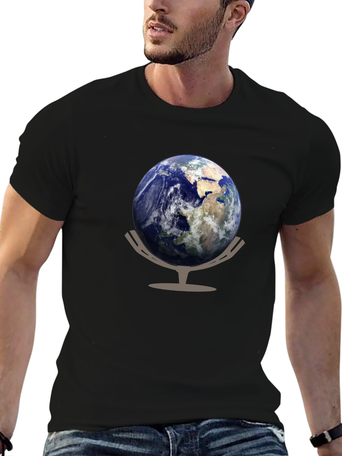 Earth Globe Graphic Tee - Black Cotton Casual T-Shirt