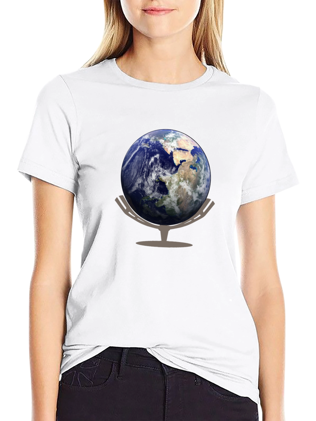 Earth Globe Graphic Tee - Black Cotton Casual T-Shirt