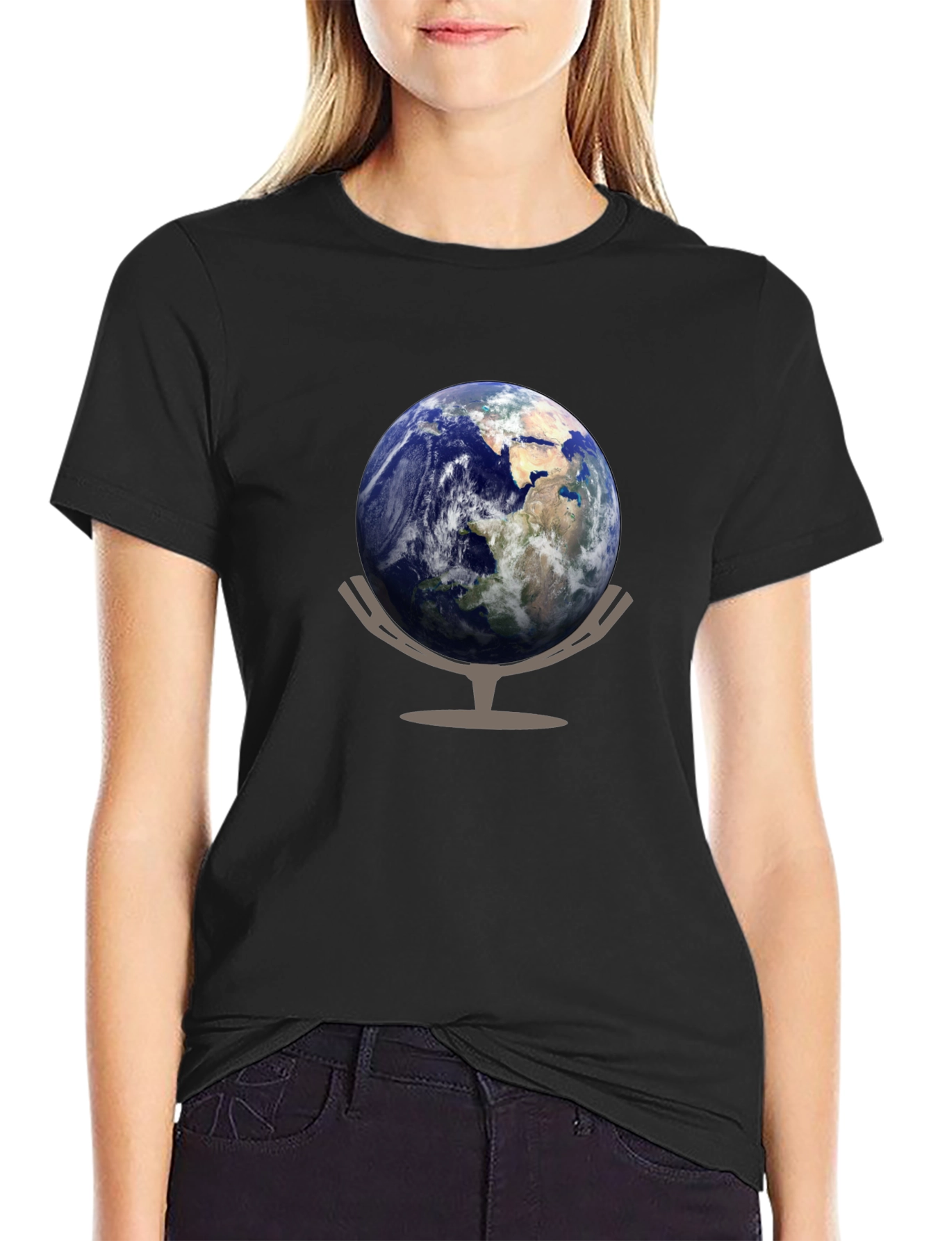 Earth Globe Graphic Tee - Black Cotton Casual T-Shirt