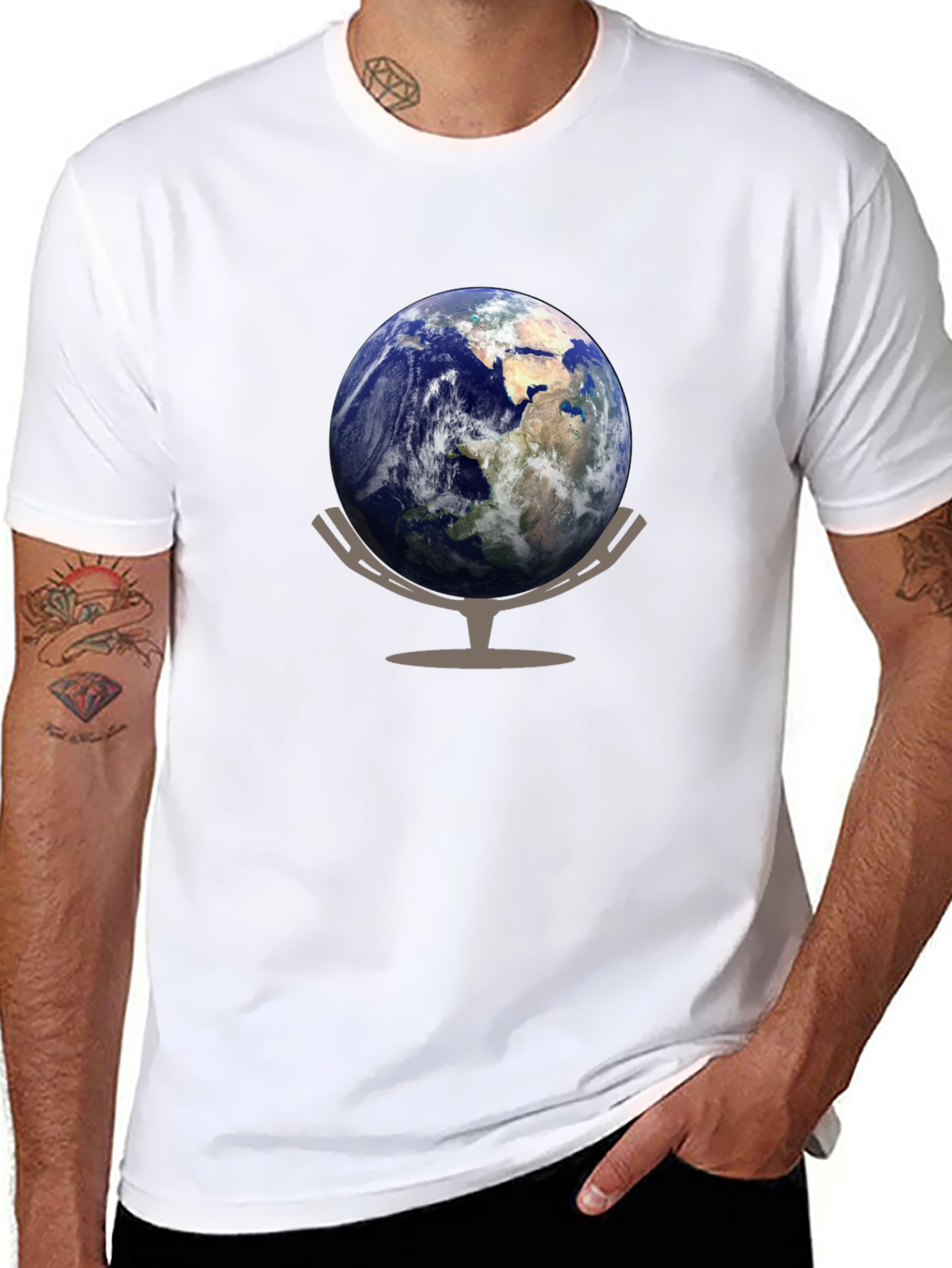Earth Globe Graphic Tee - Black Cotton Casual T-Shirt