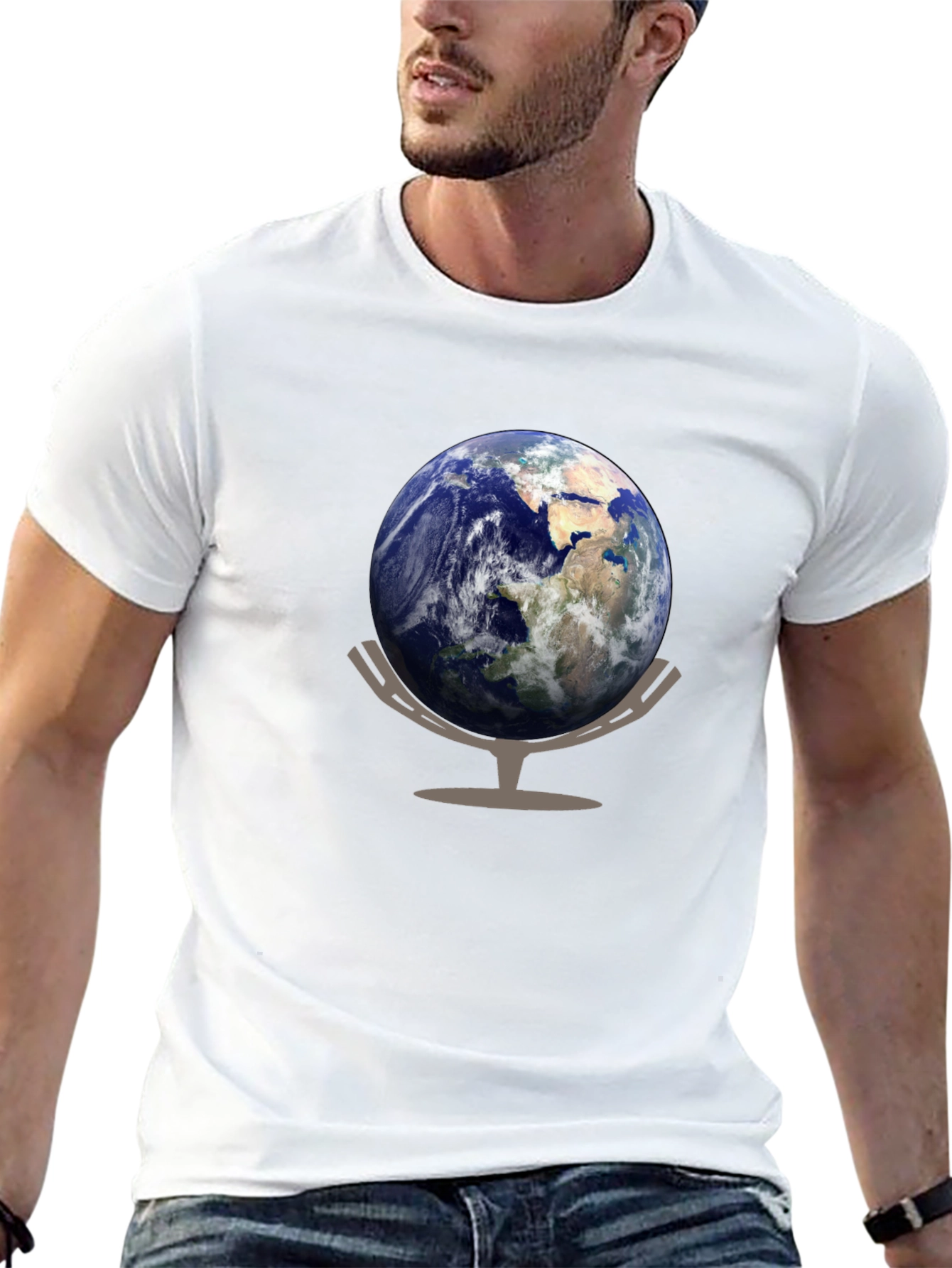 Earth Globe Graphic Tee - Black Cotton Casual T-Shirt