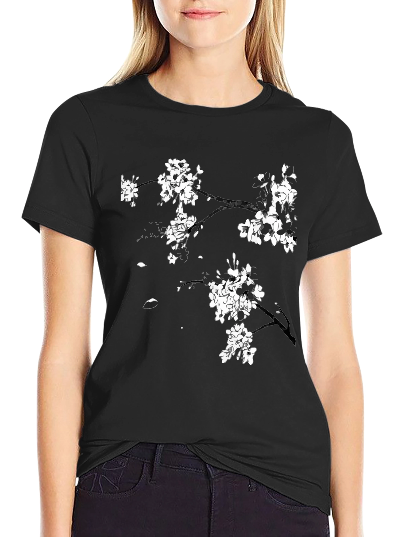 Black T-Shirt with Cherry Blossom Design