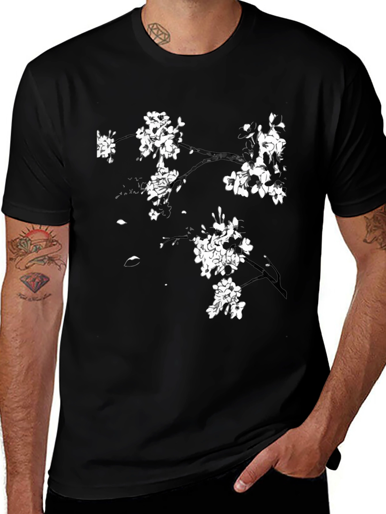 Black T-Shirt with Cherry Blossom Design
