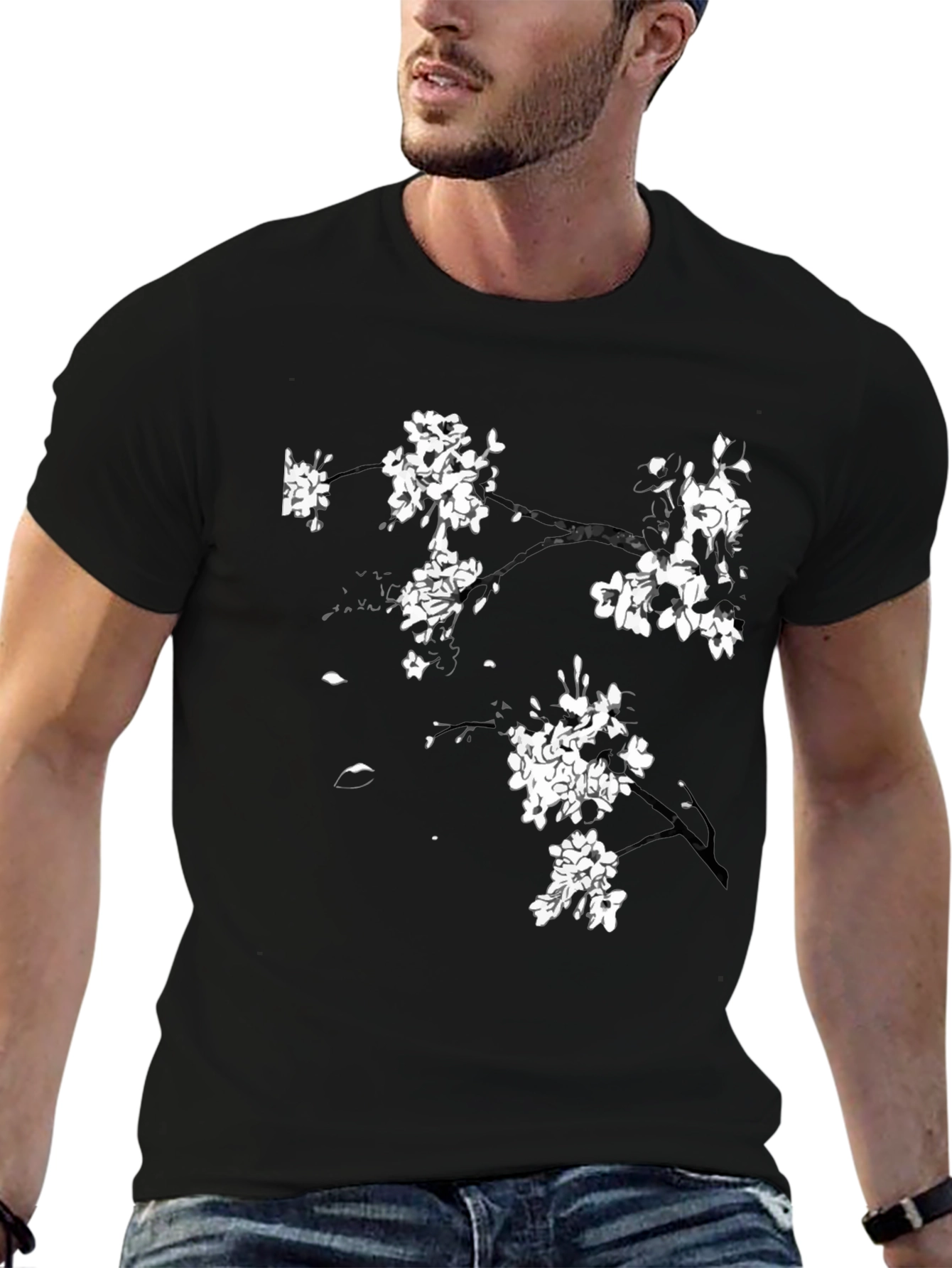 Black T-Shirt with Cherry Blossom Design