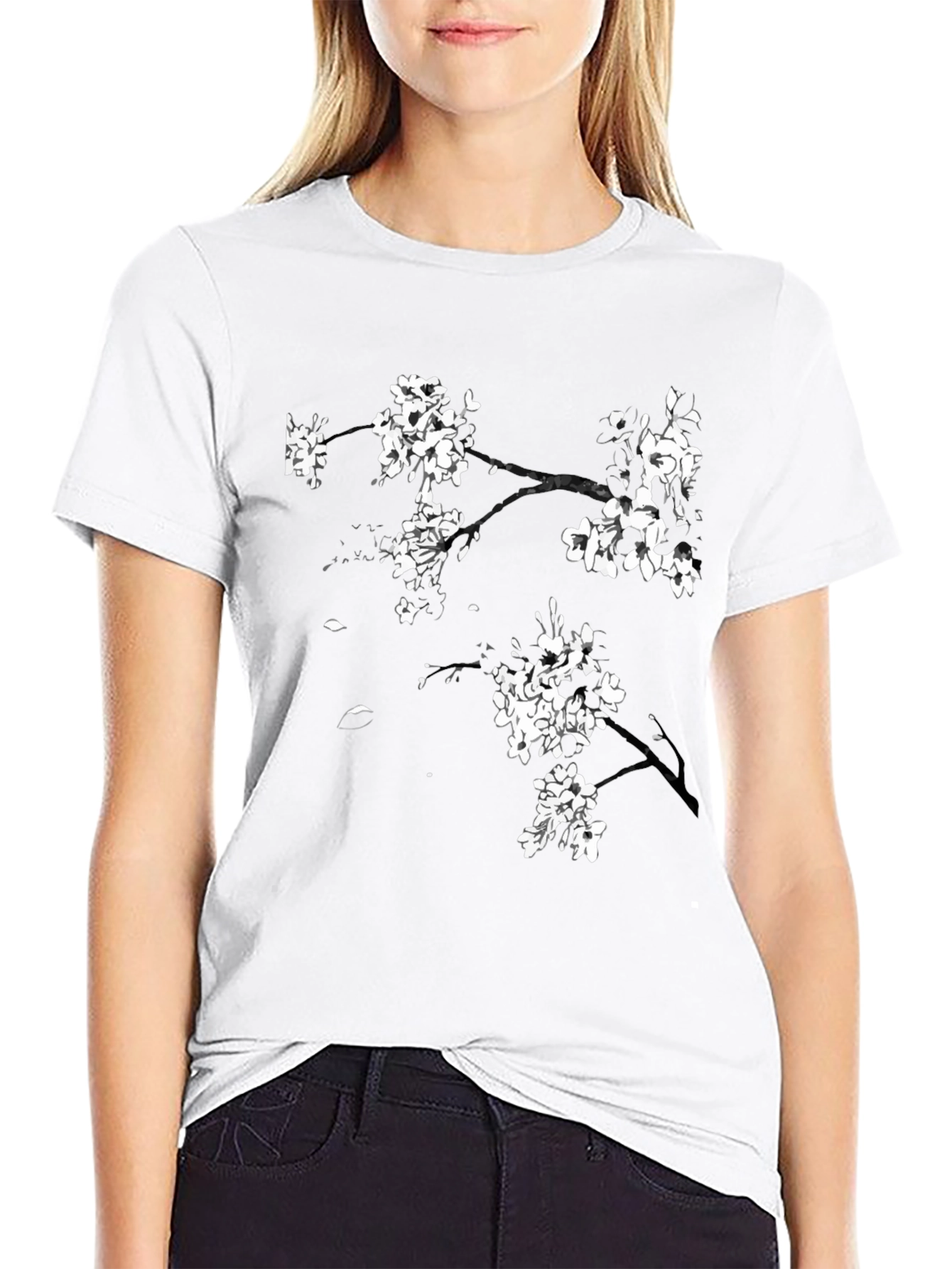 Black T-Shirt with Cherry Blossom Design
