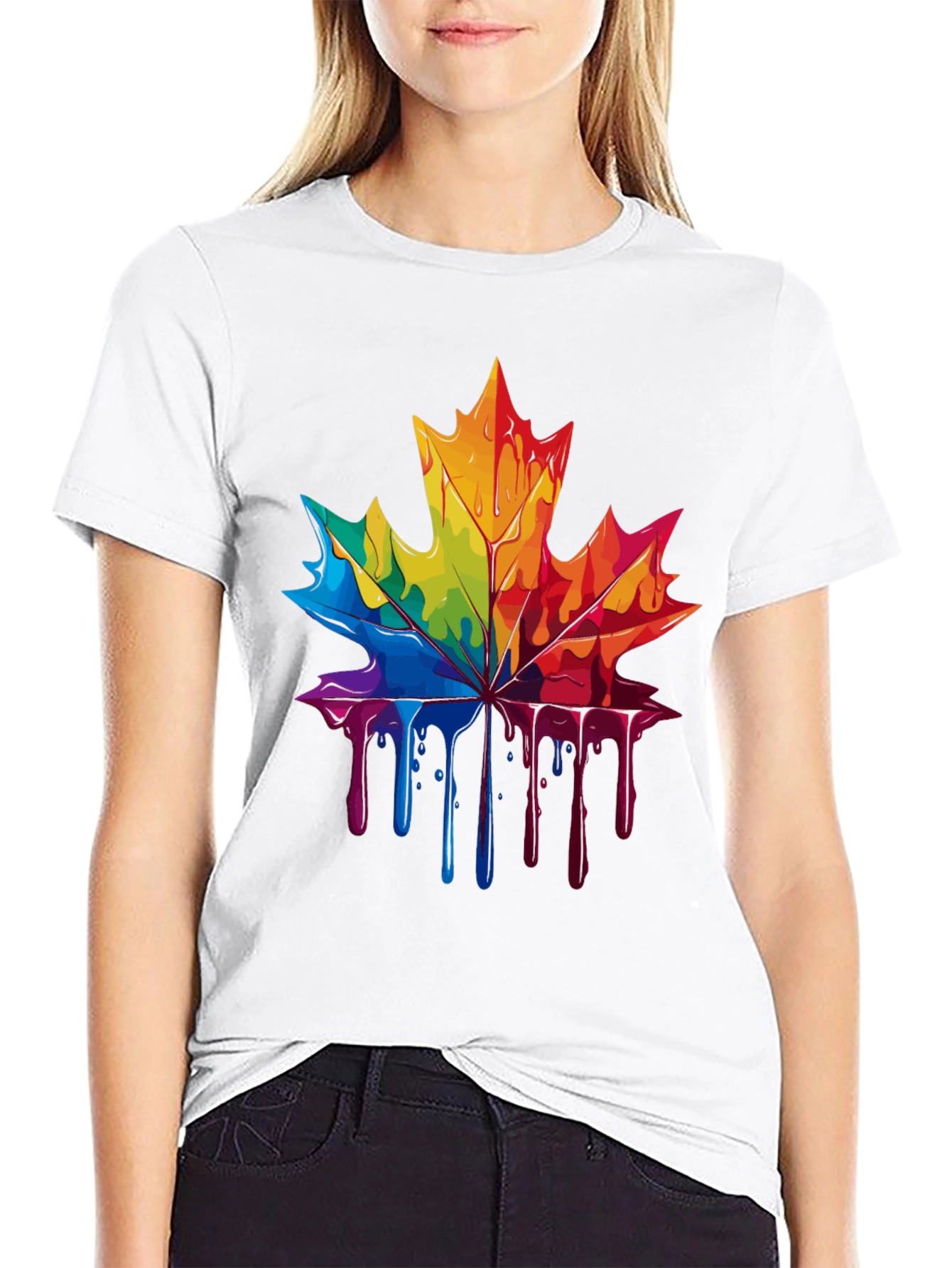 Rainbow Maple Leaf Drip Graphic Tee - Unique Design