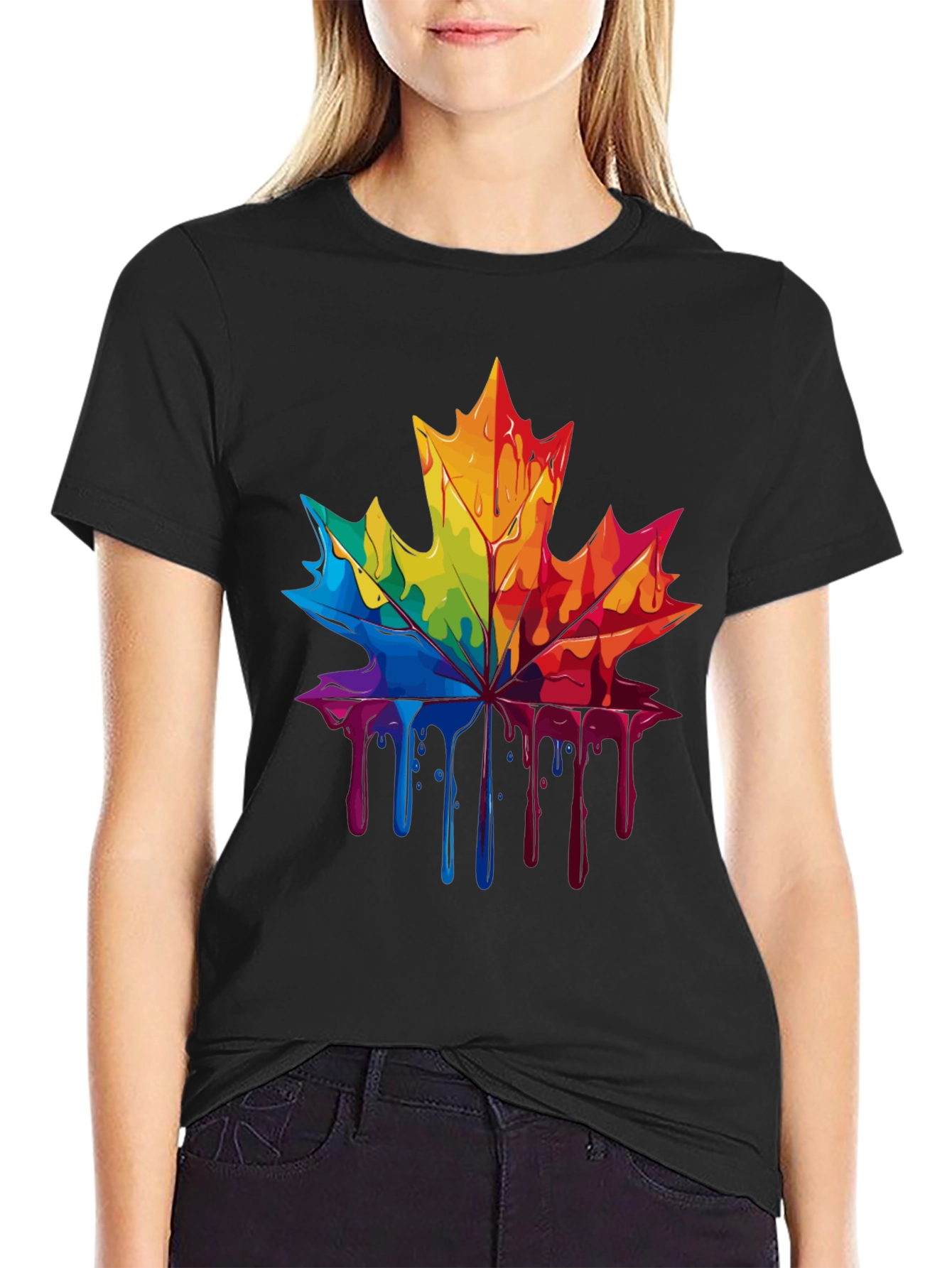 Rainbow Maple Leaf Drip Graphic Tee - Unique Design