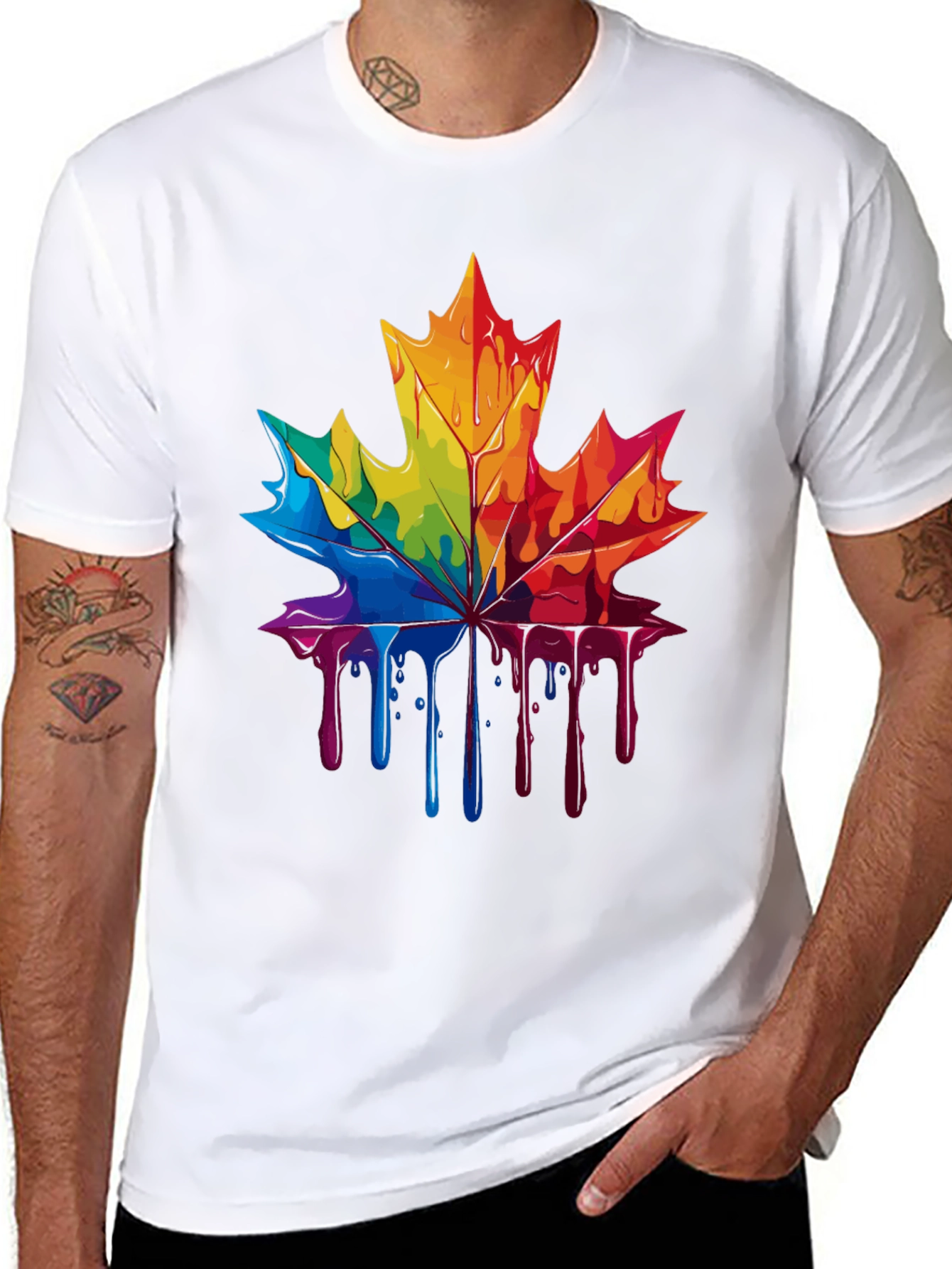 Rainbow Maple Leaf Drip Graphic Tee - Unique Design