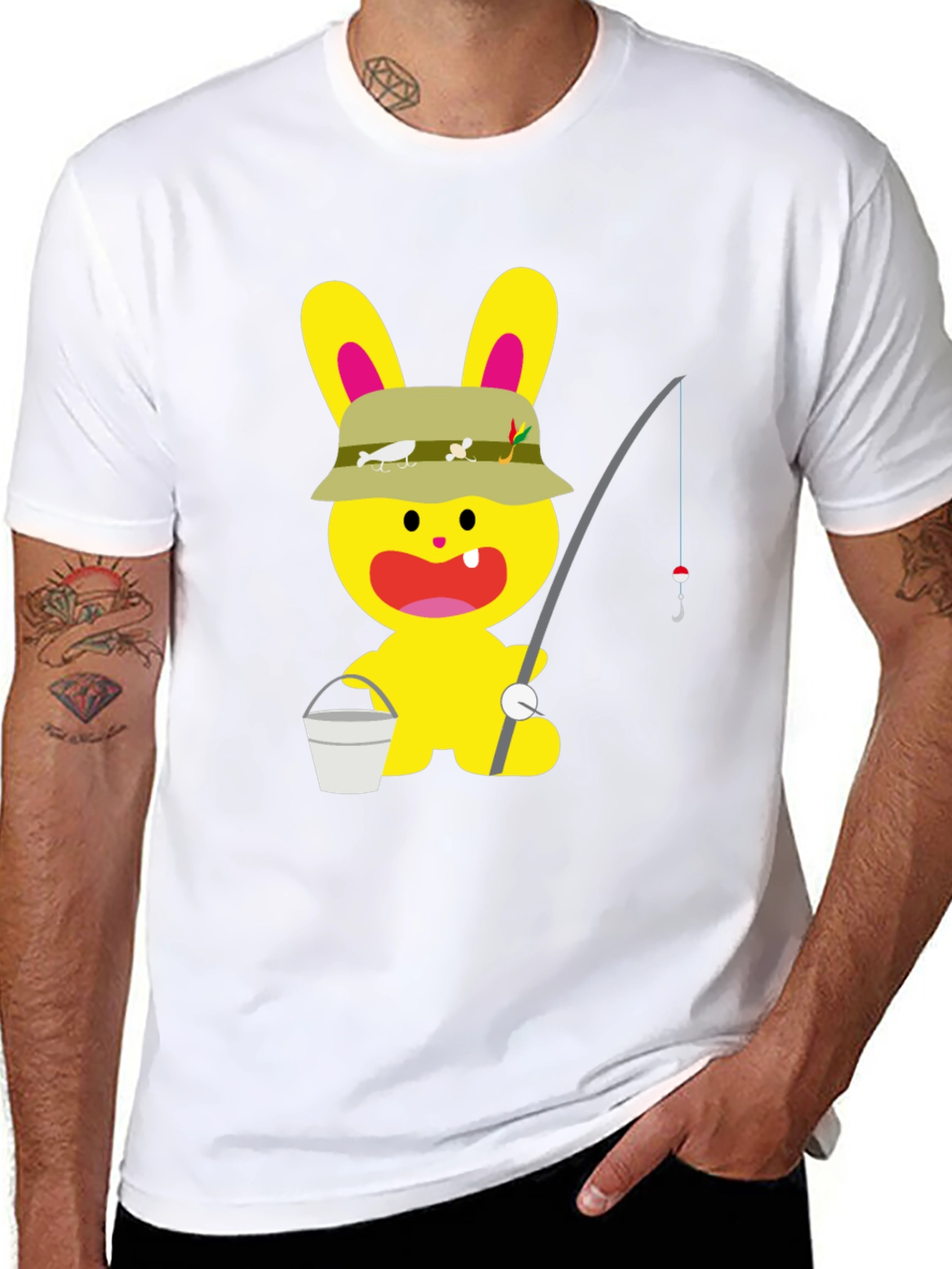 Cartoon Bunny Fisherman Black T-Shirt