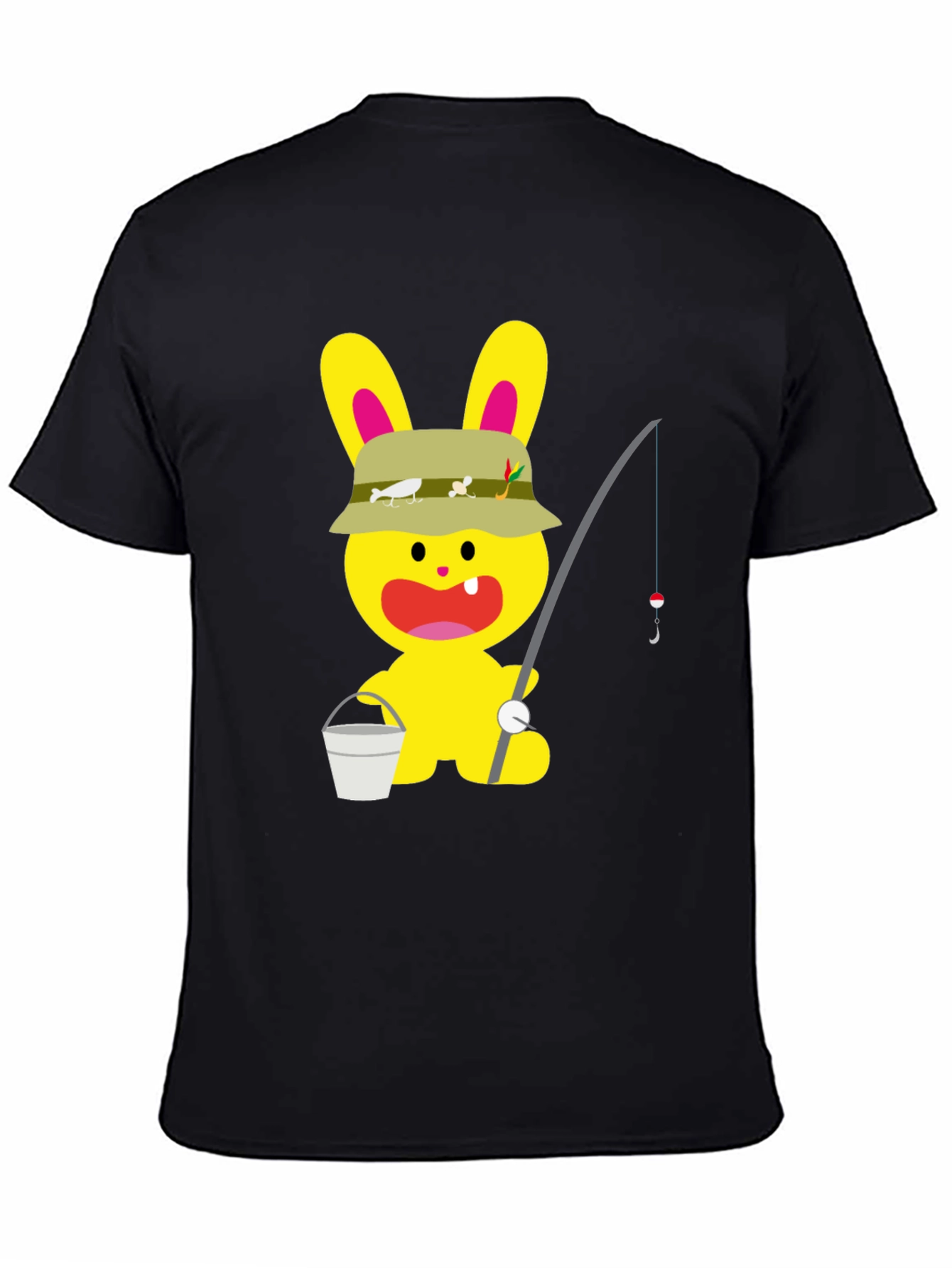 Cartoon Bunny Fisherman Black T-Shirt