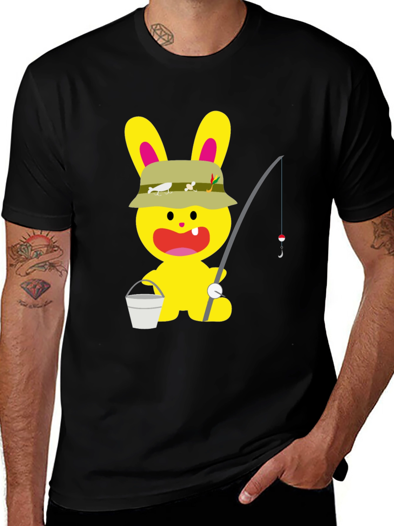 Cartoon Bunny Fisherman Black T-Shirt