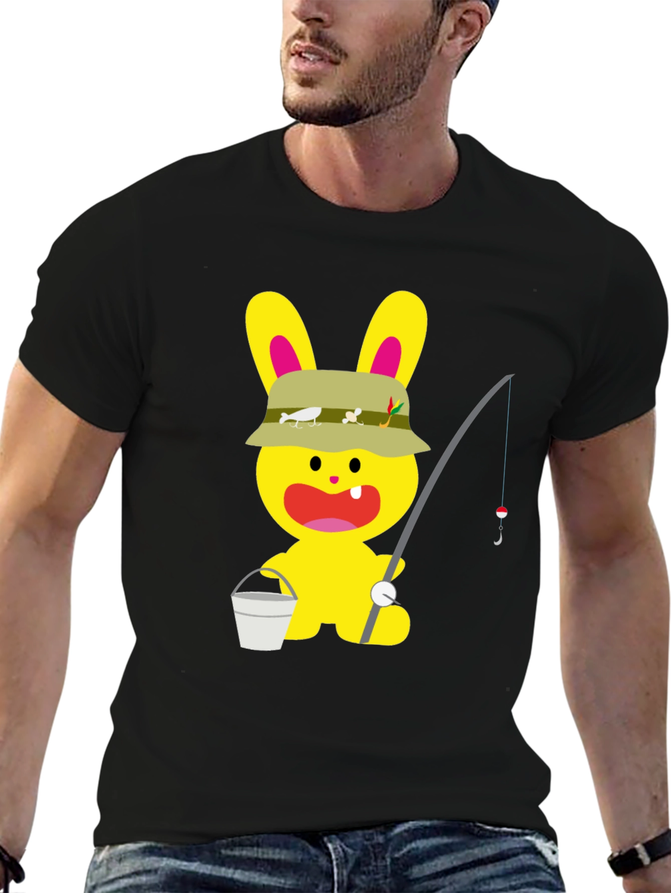 Cartoon Bunny Fisherman Black T-Shirt
