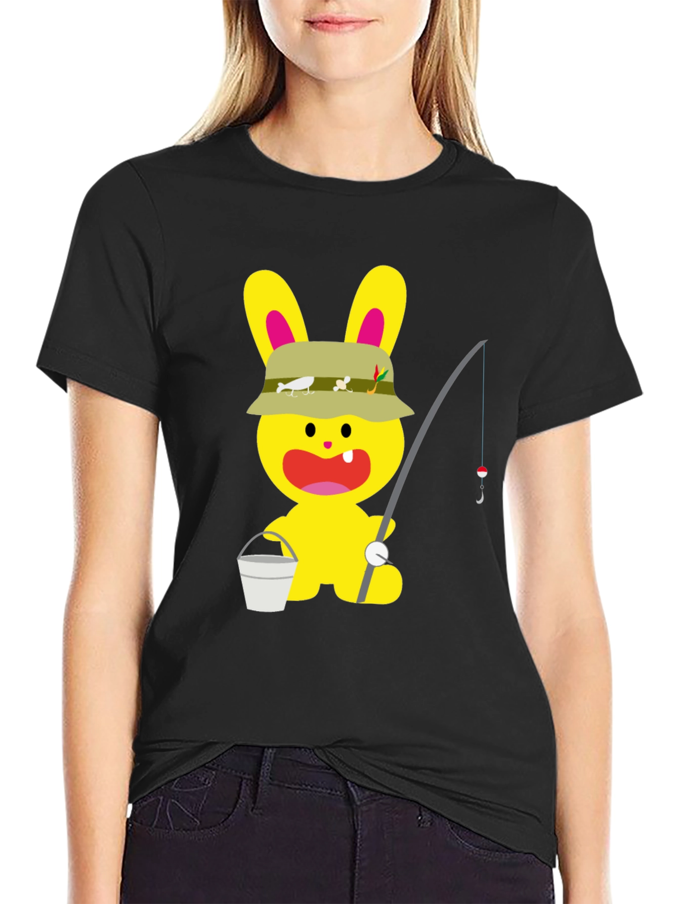 Cartoon Bunny Fisherman Black T-Shirt