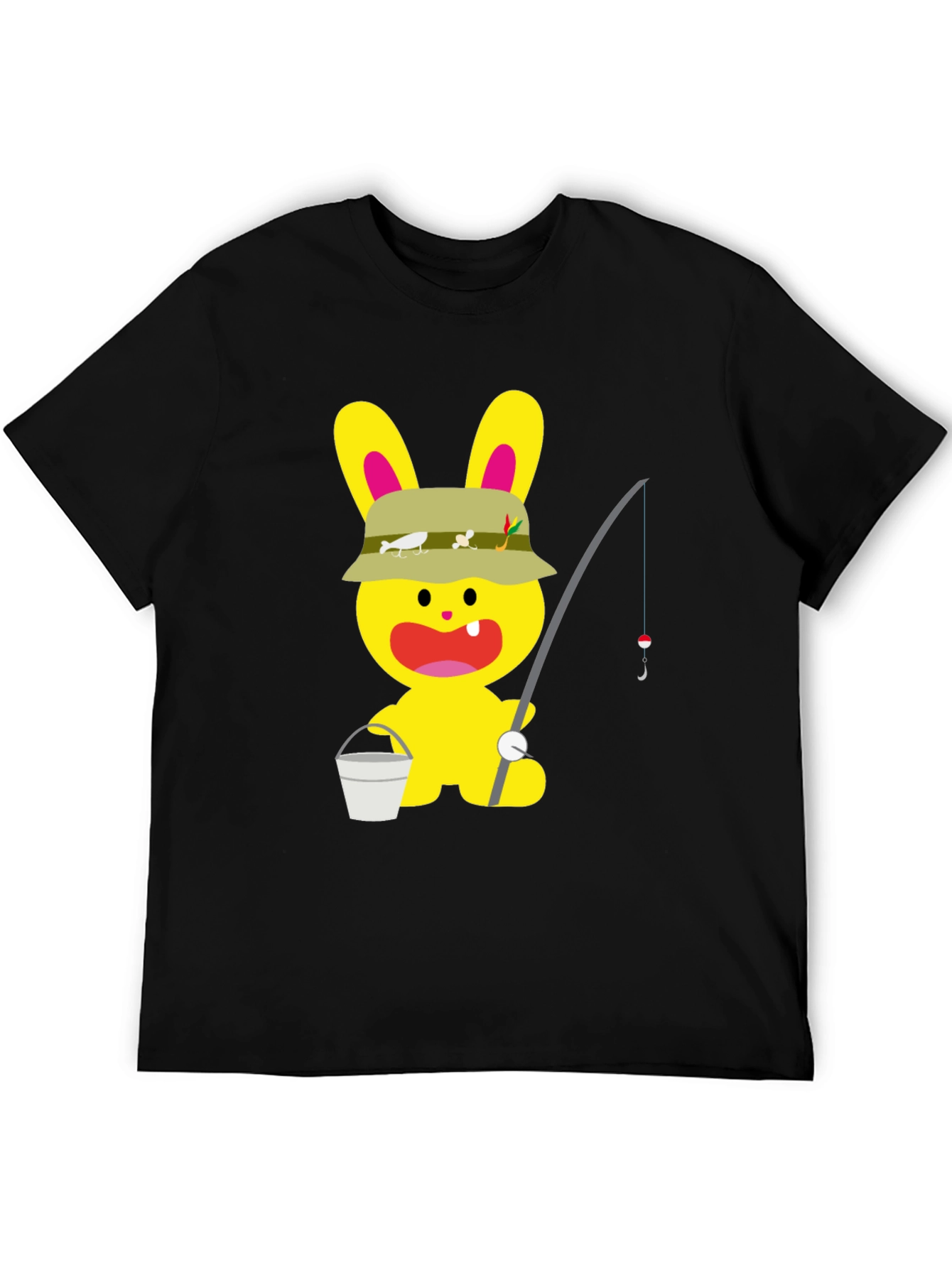 Cartoon Bunny Fisherman Black T-Shirt