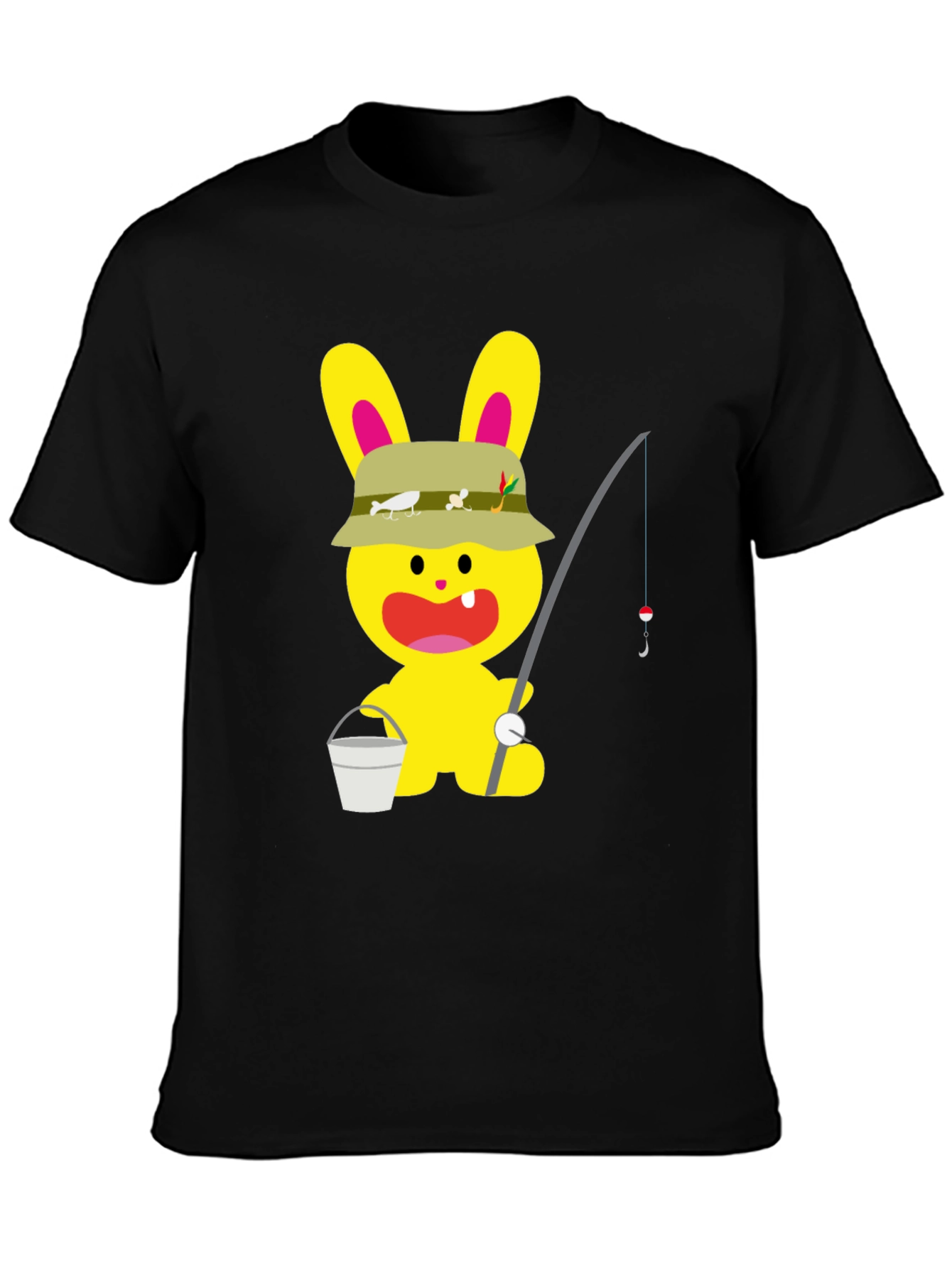 Cartoon Bunny Fisherman Black T-Shirt