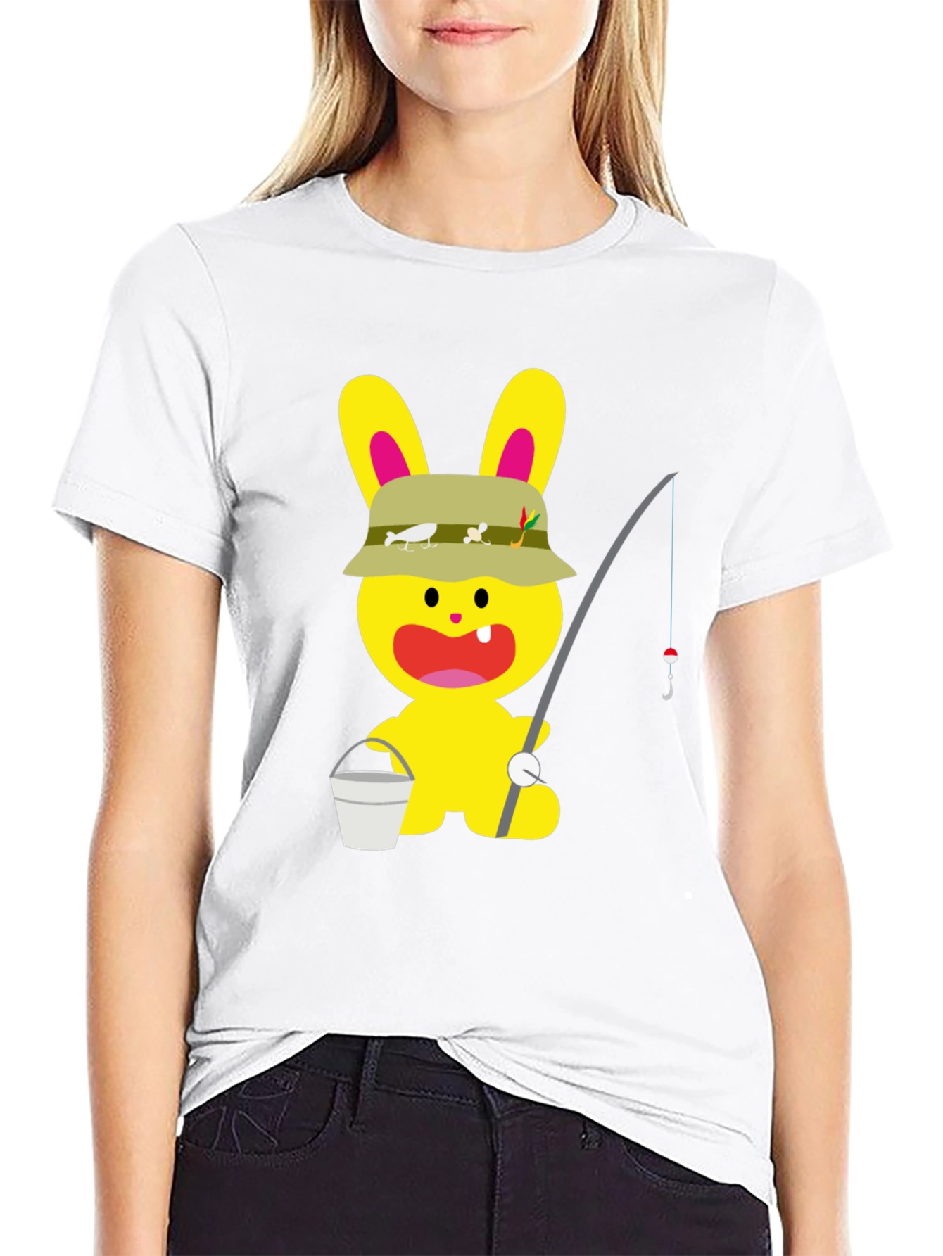 Cartoon Bunny Fisherman Black T-Shirt
