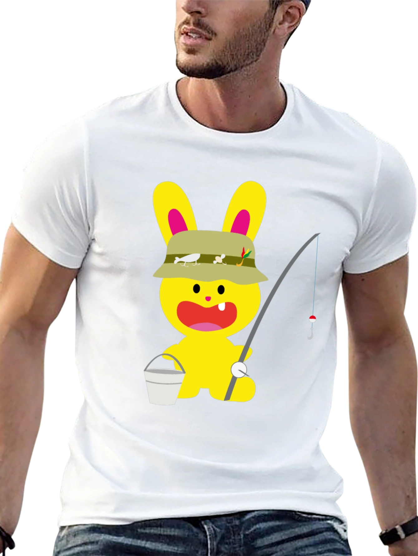 Cartoon Bunny Fisherman Black T-Shirt