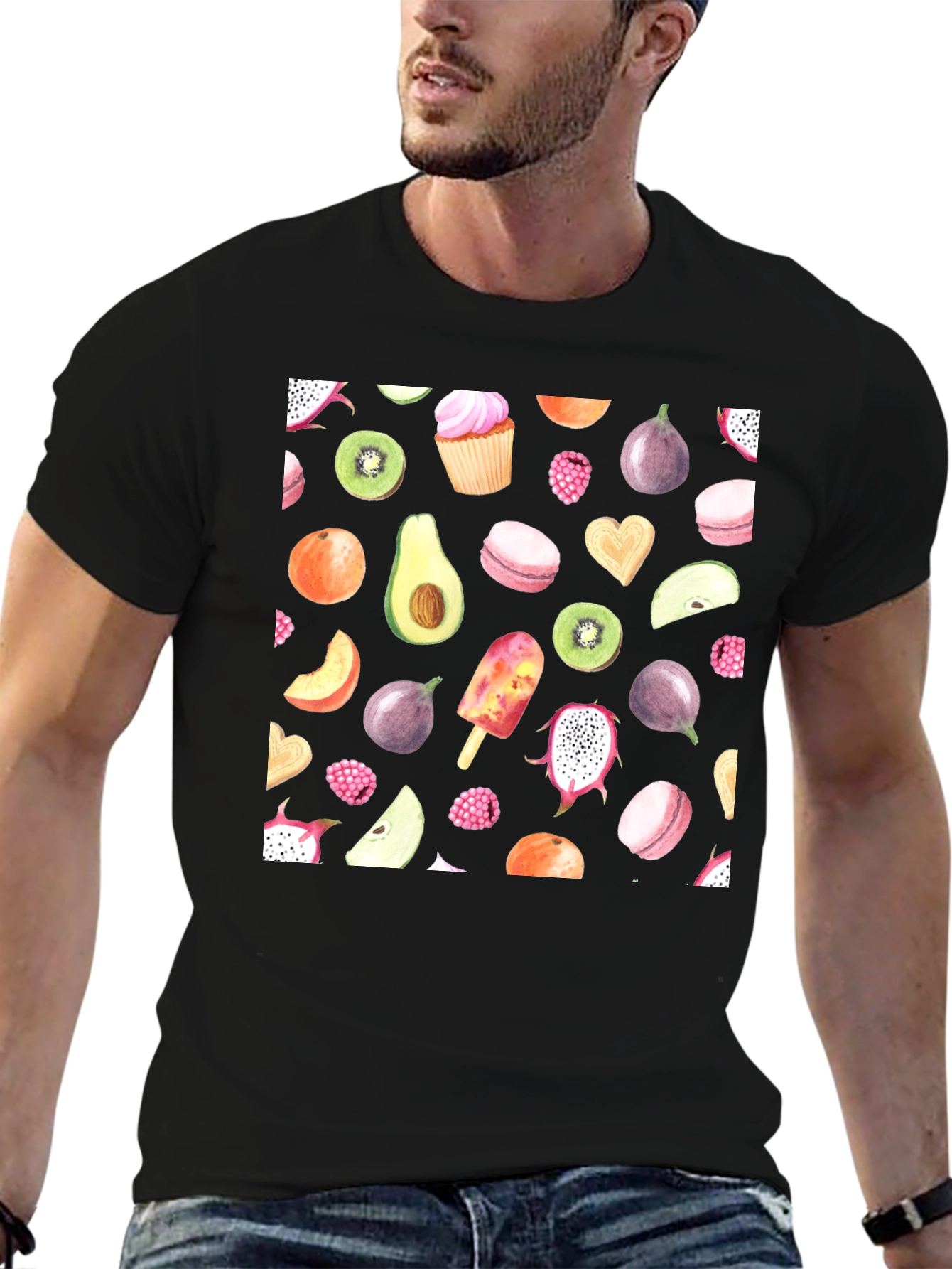 Fruit Print Black Casual T-Shirt