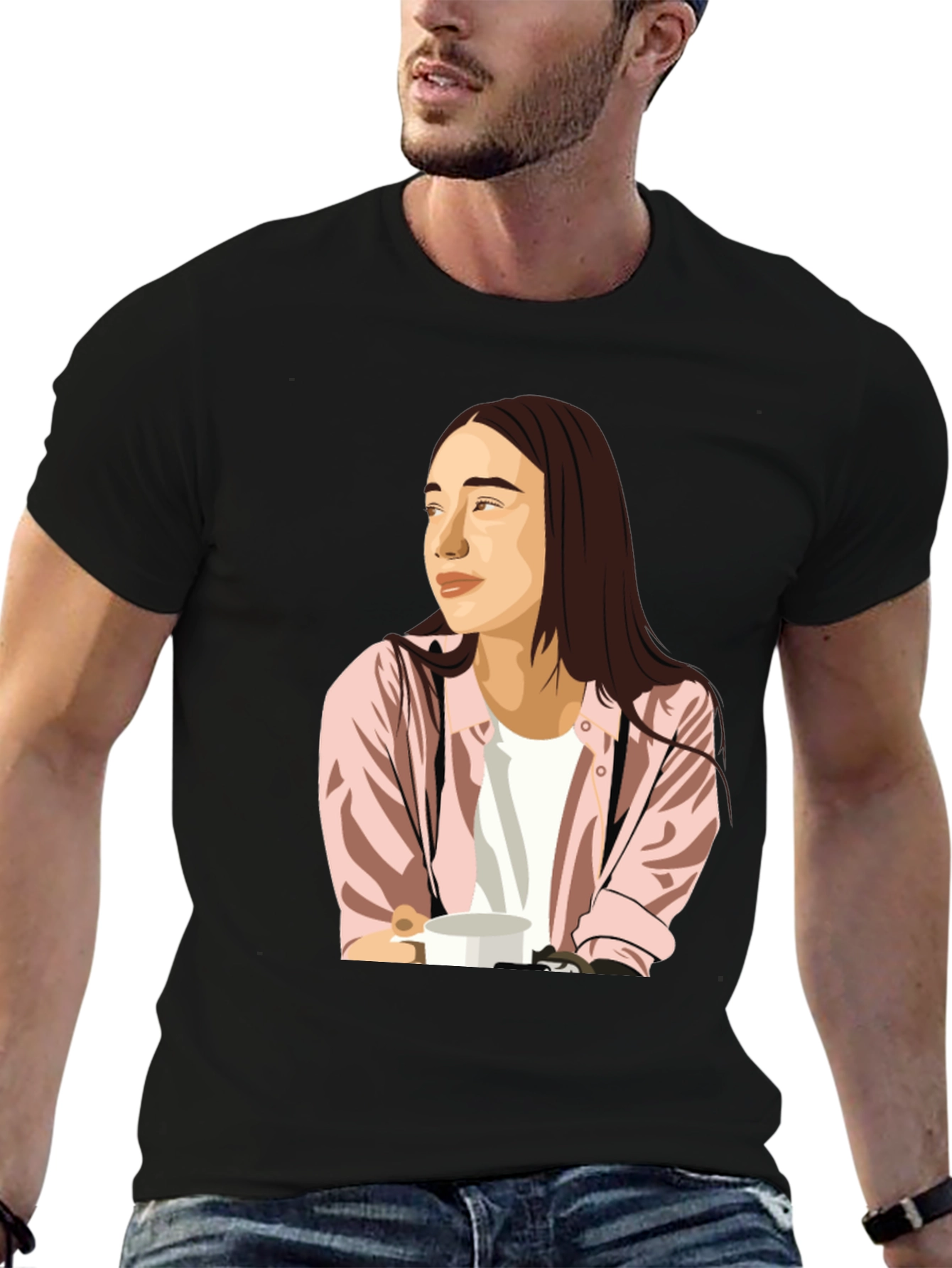 Trendy Graphic Tee - Woman with Coffee