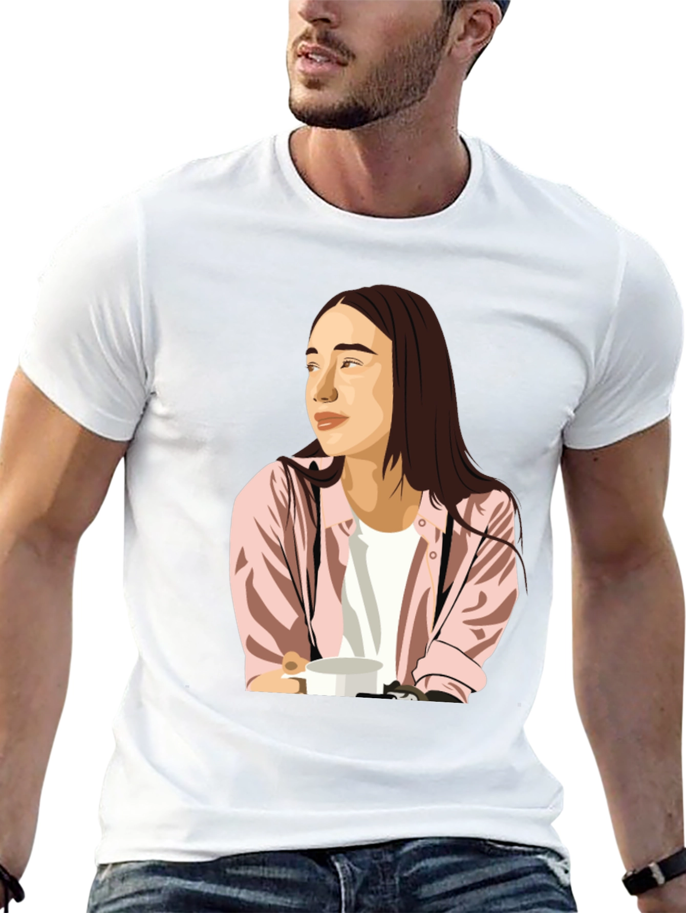 Trendy Graphic Tee - Woman with Coffee