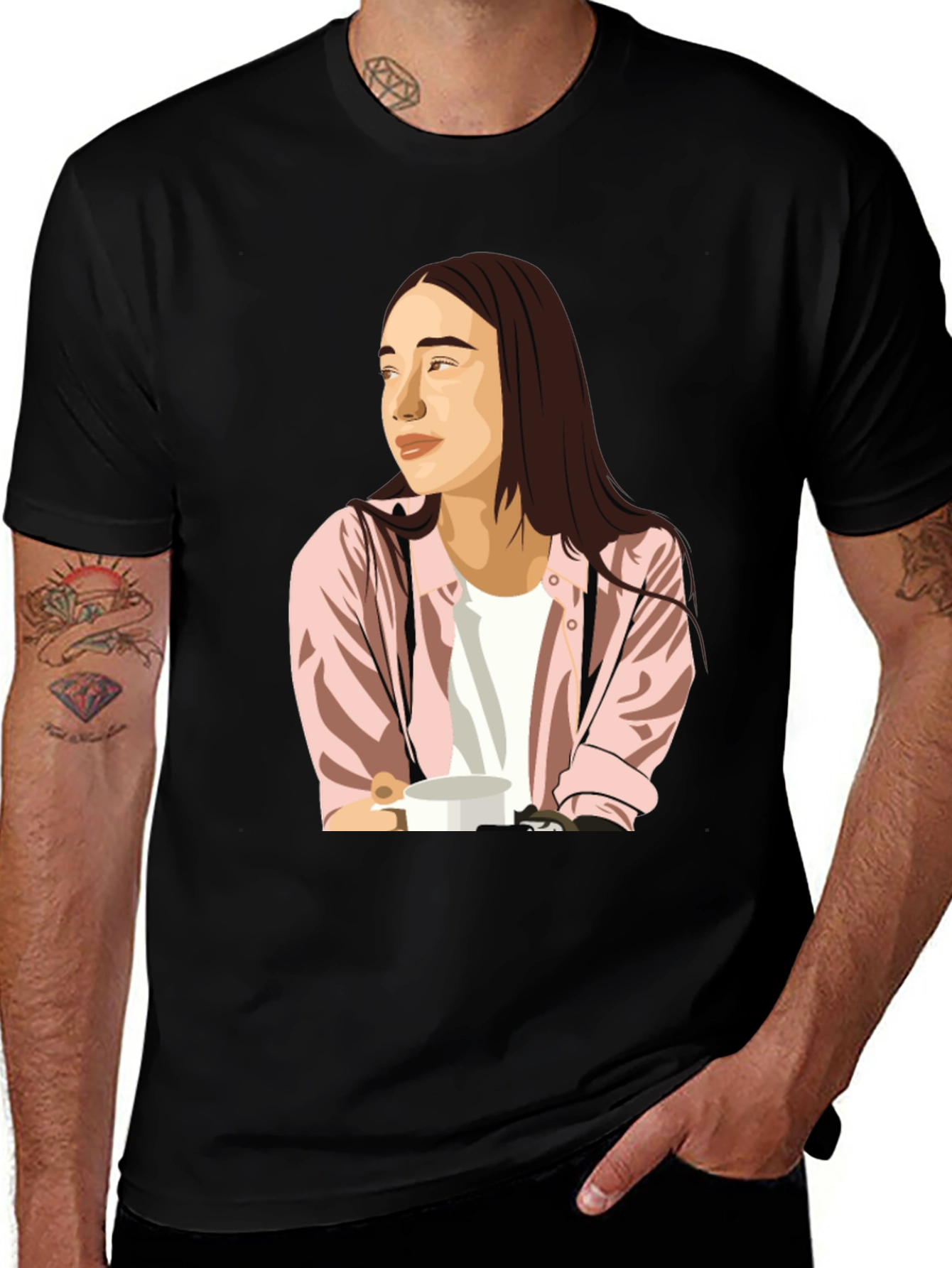 Trendy Graphic Tee - Woman with Coffee