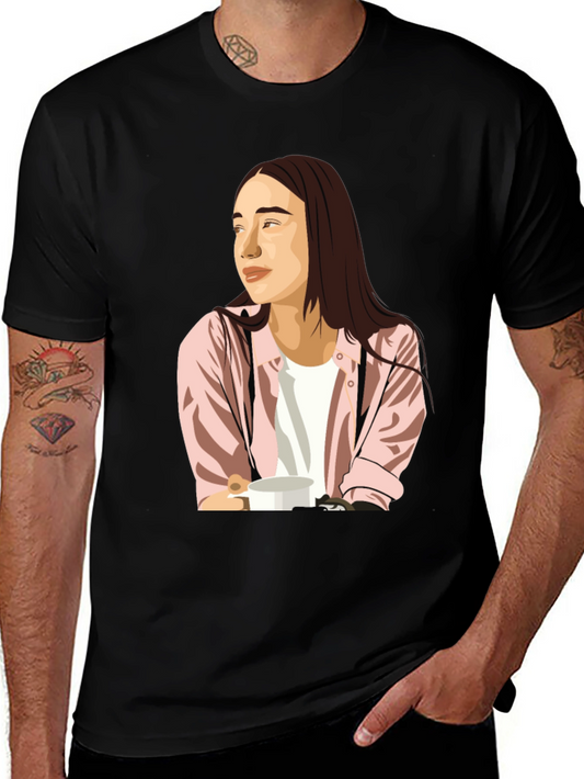 Trendy Graphic Tee - Woman with Coffee