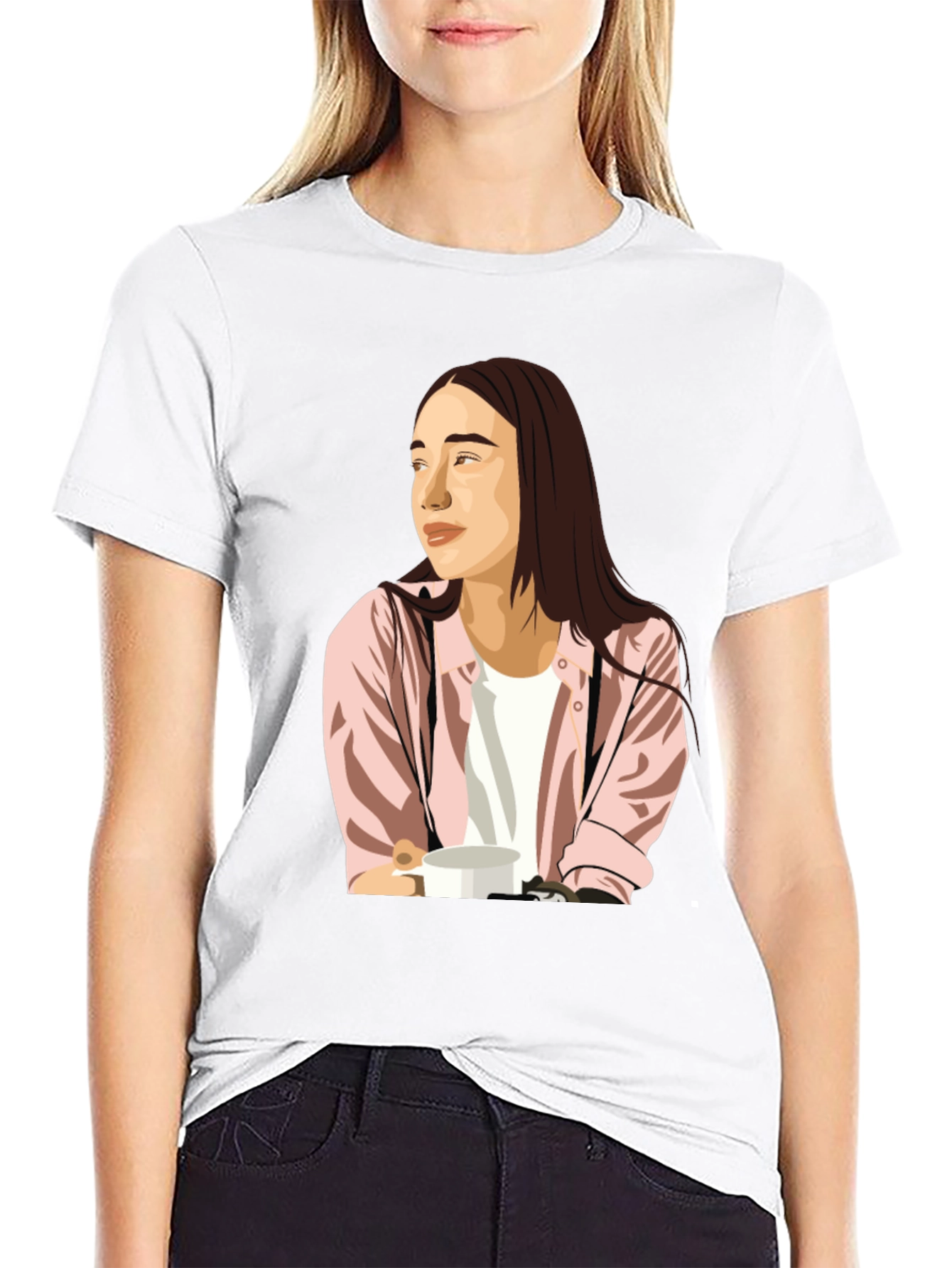 Trendy Graphic Tee - Woman with Coffee