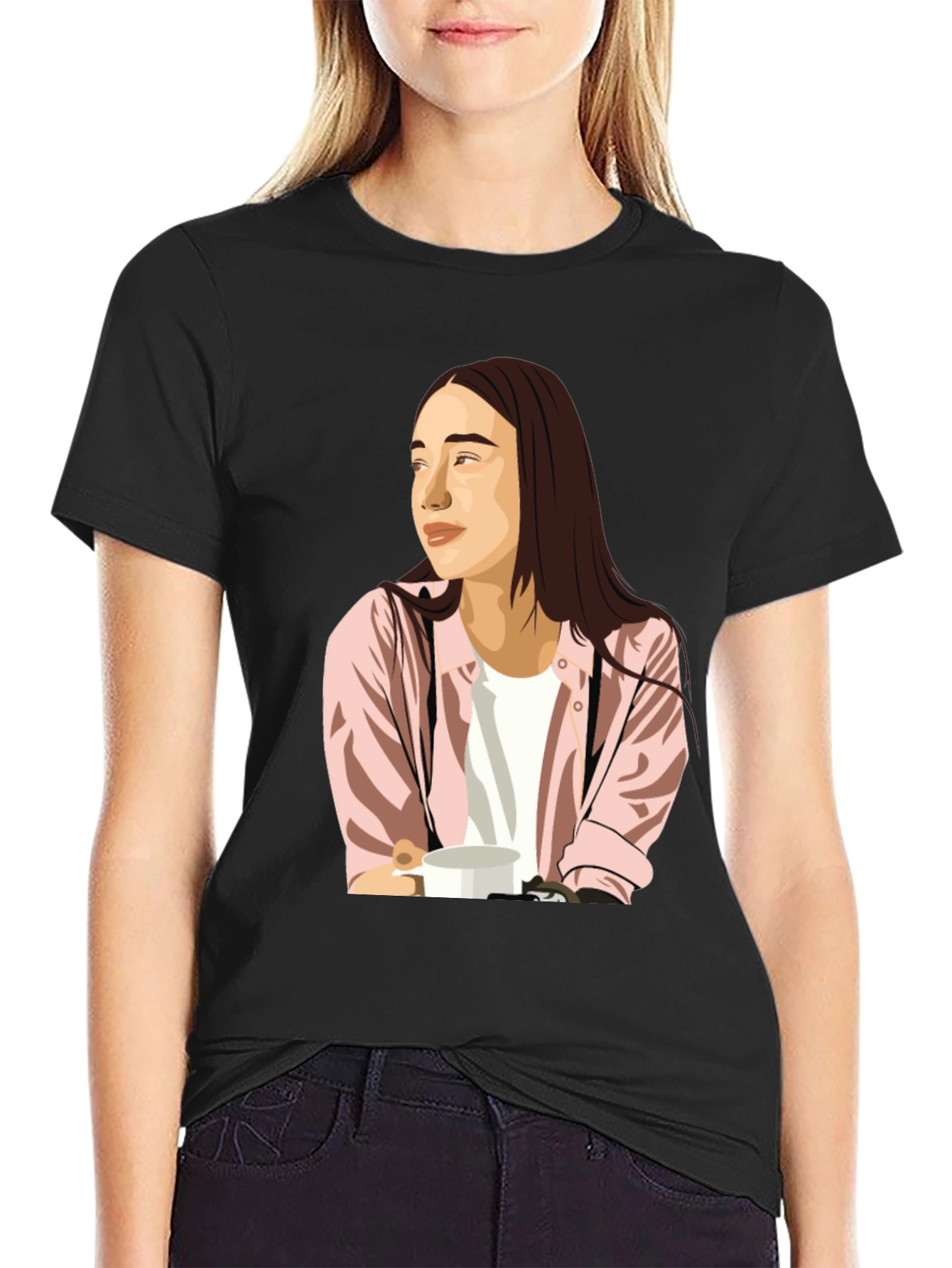 Trendy Graphic Tee - Woman with Coffee