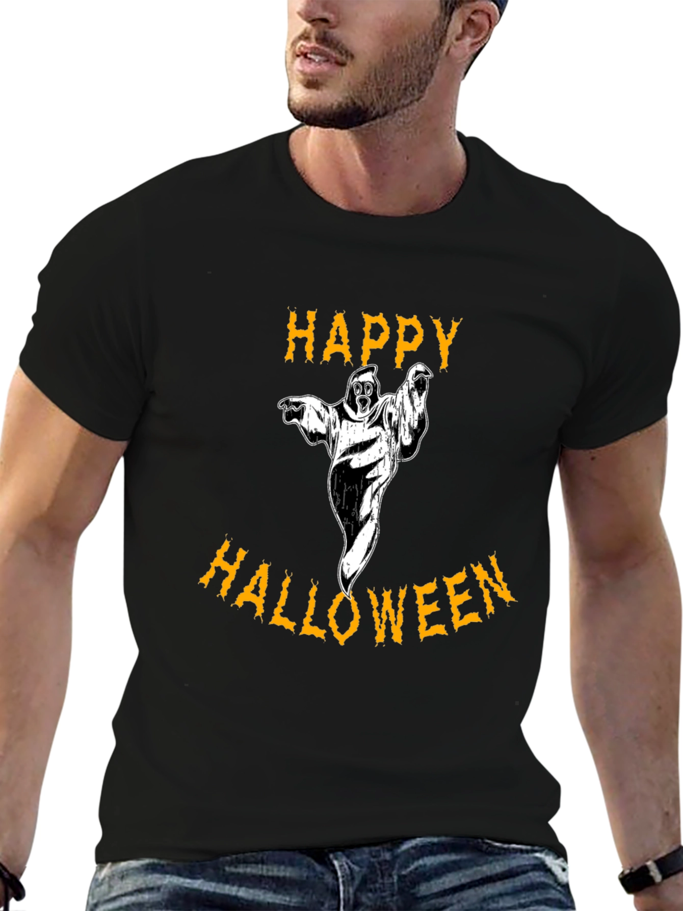 Happy Halloween Ghost Black Graphic T-Shirt