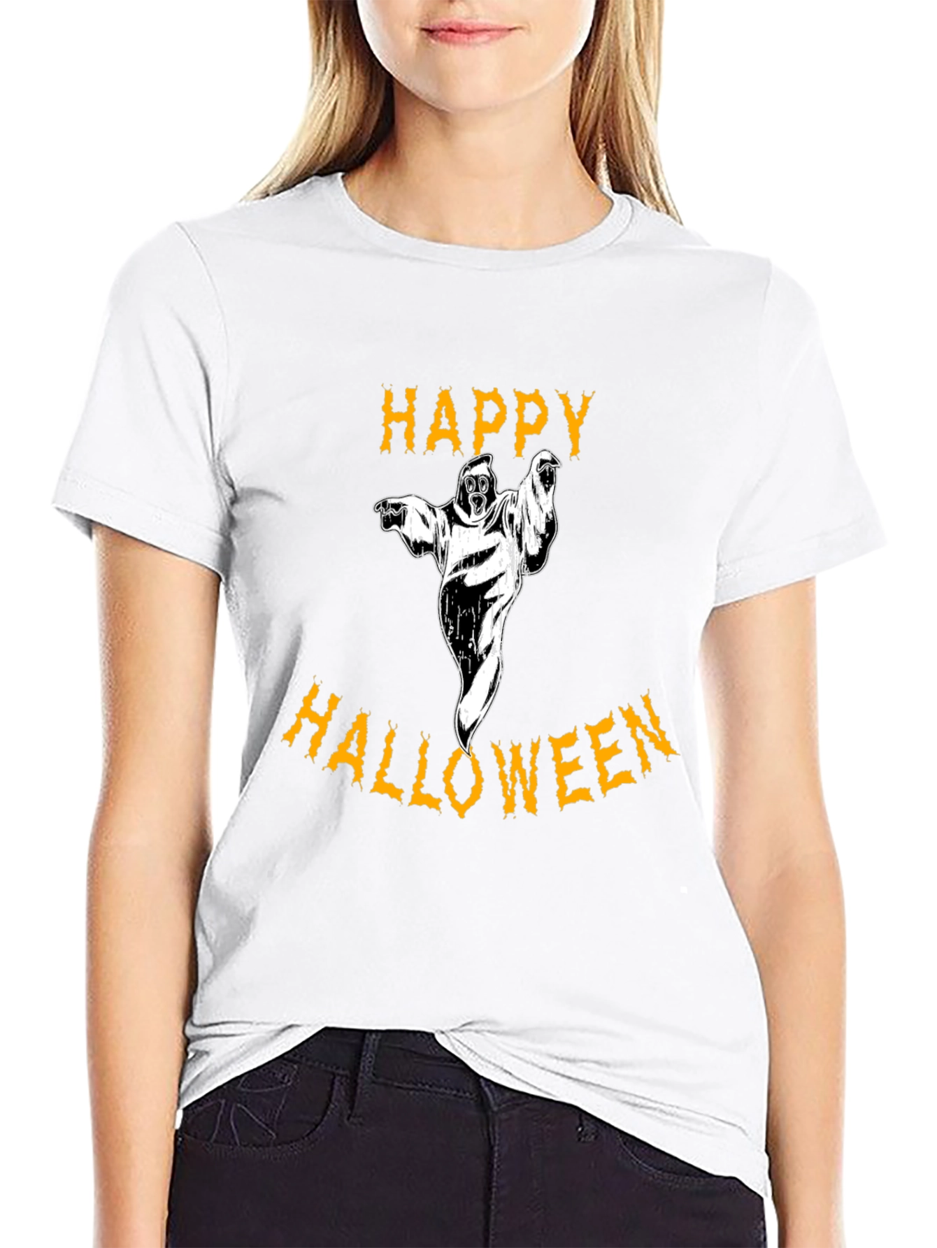 Happy Halloween Ghost Black Graphic T-Shirt