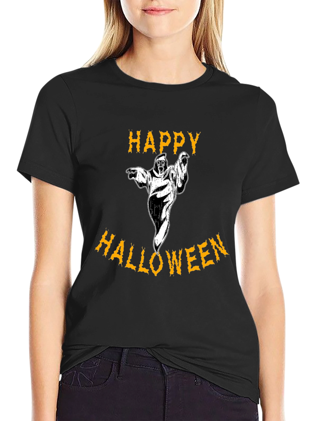 Happy Halloween Ghost Black Graphic T-Shirt