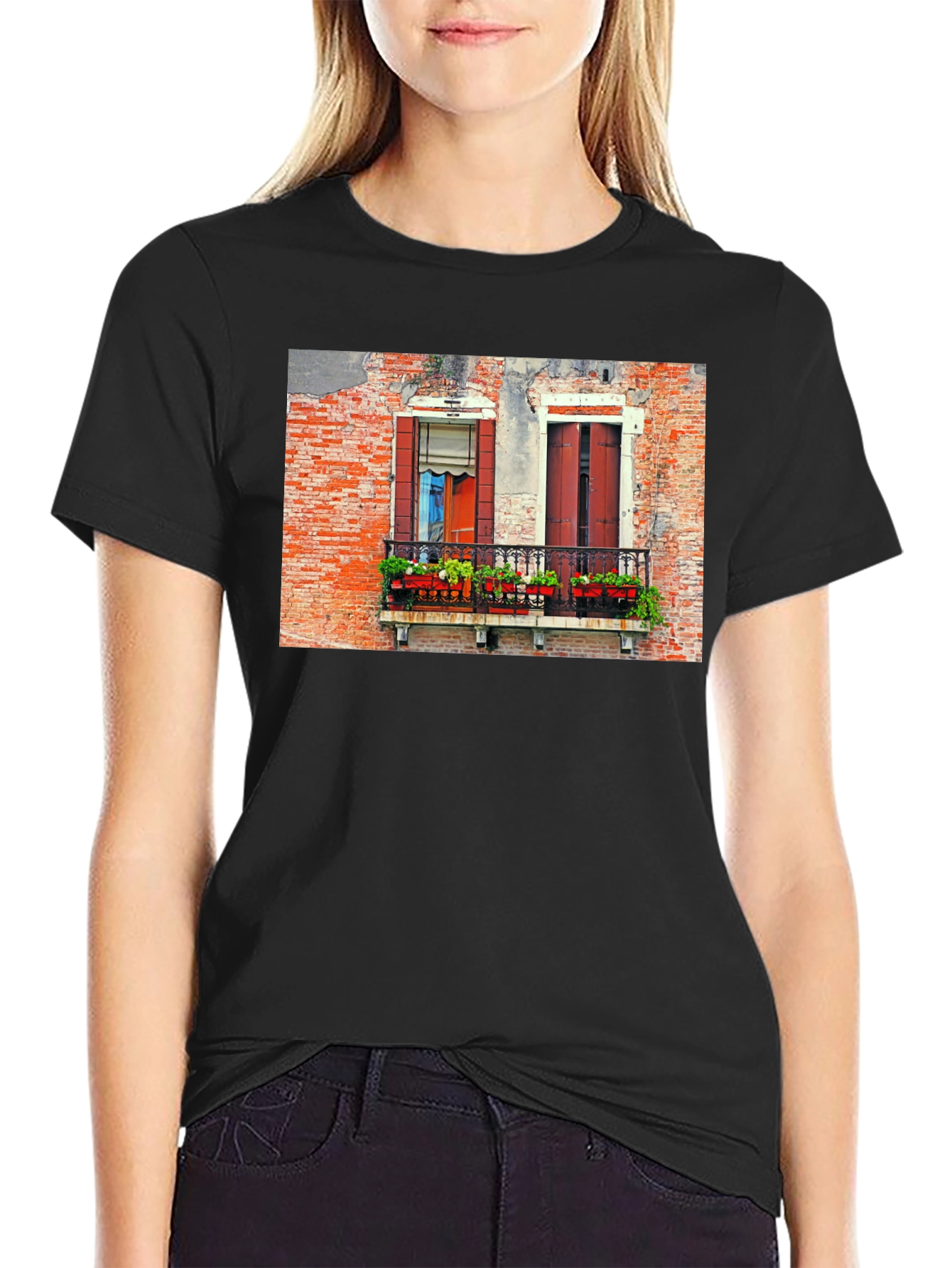 Venice Window T-Shirt: Black Balcony View