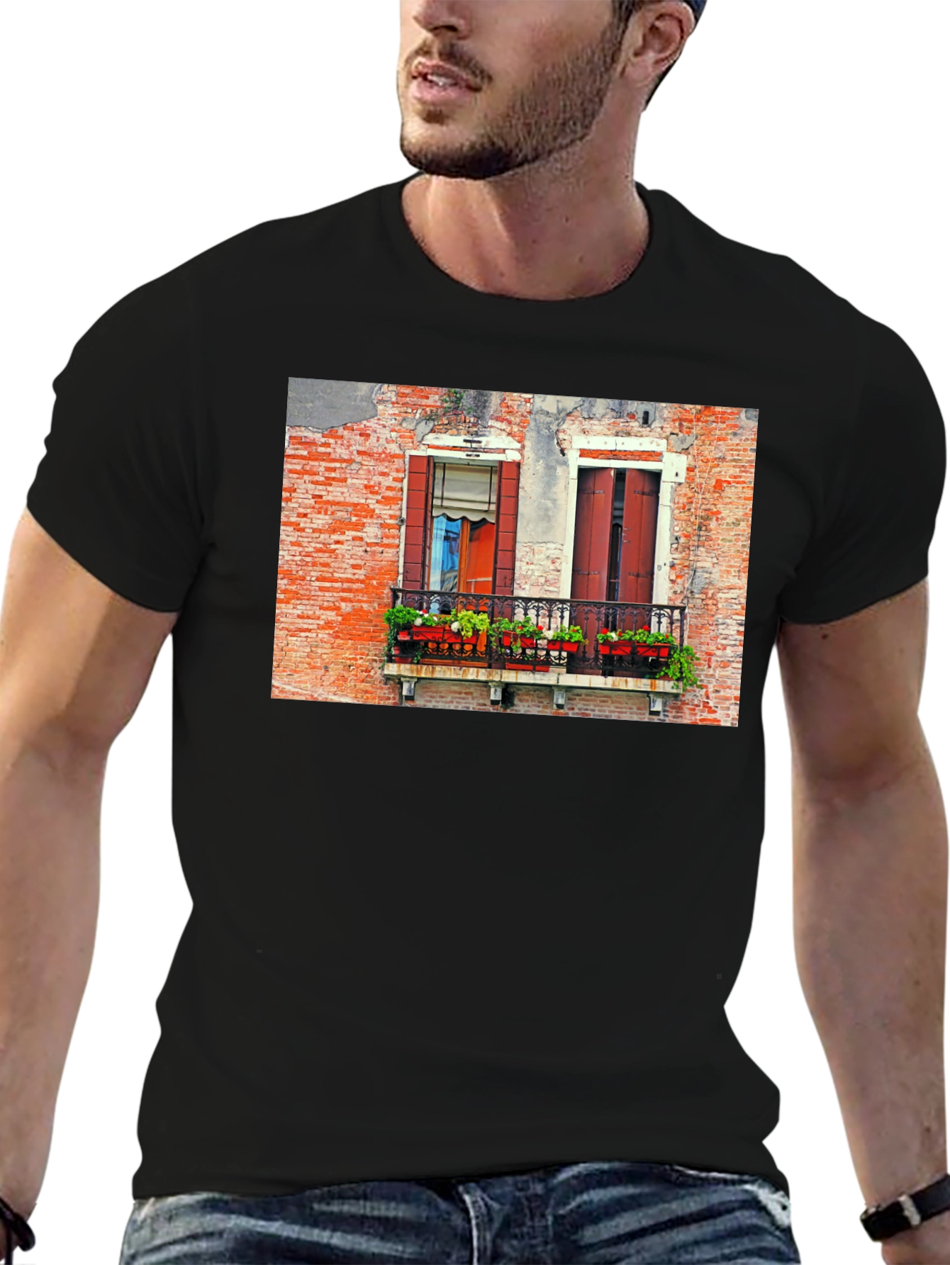 Venice Window T-Shirt: Black Balcony View