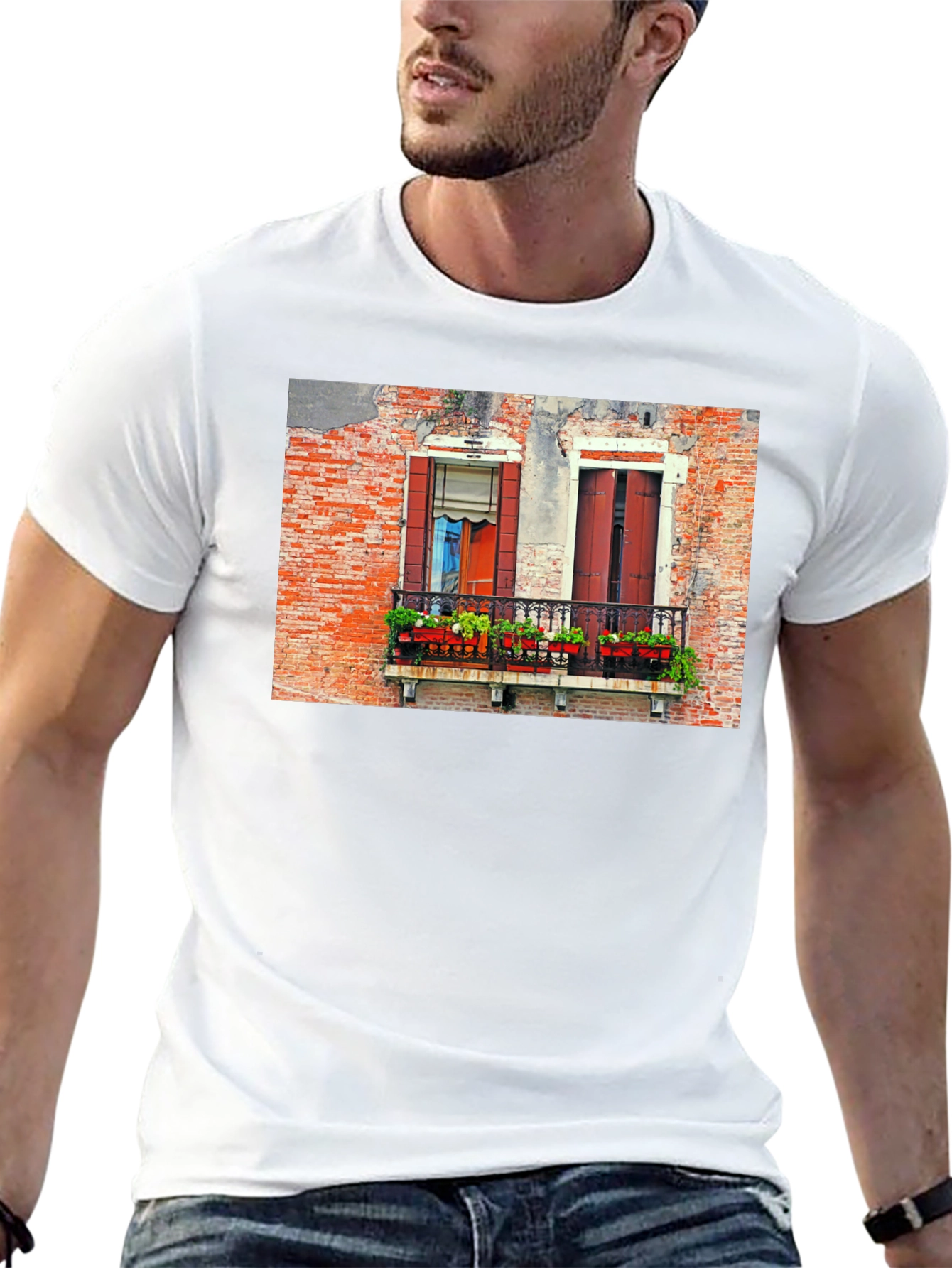 Venice Window T-Shirt: Black Balcony View