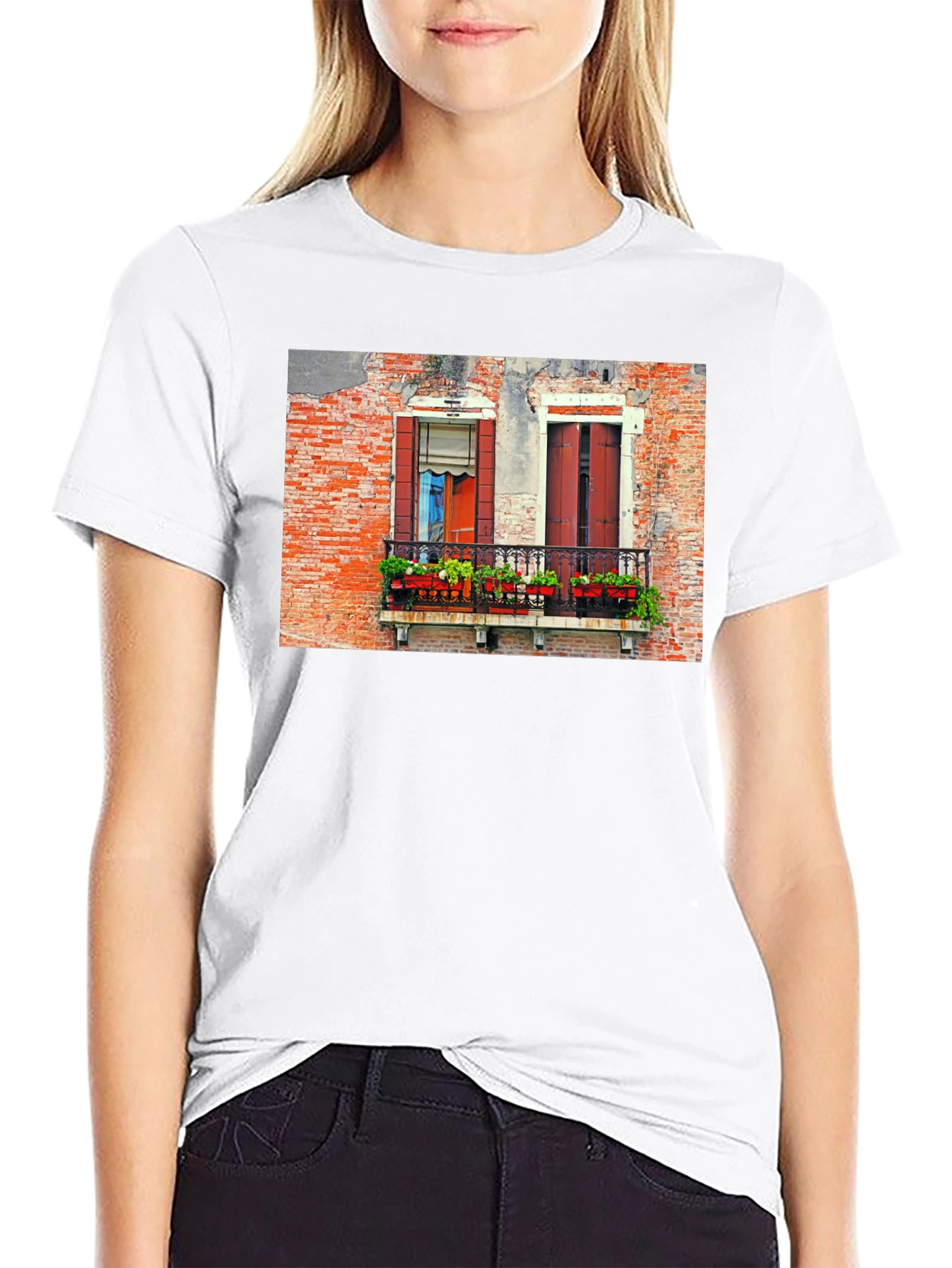 Venice Window T-Shirt: Black Balcony View