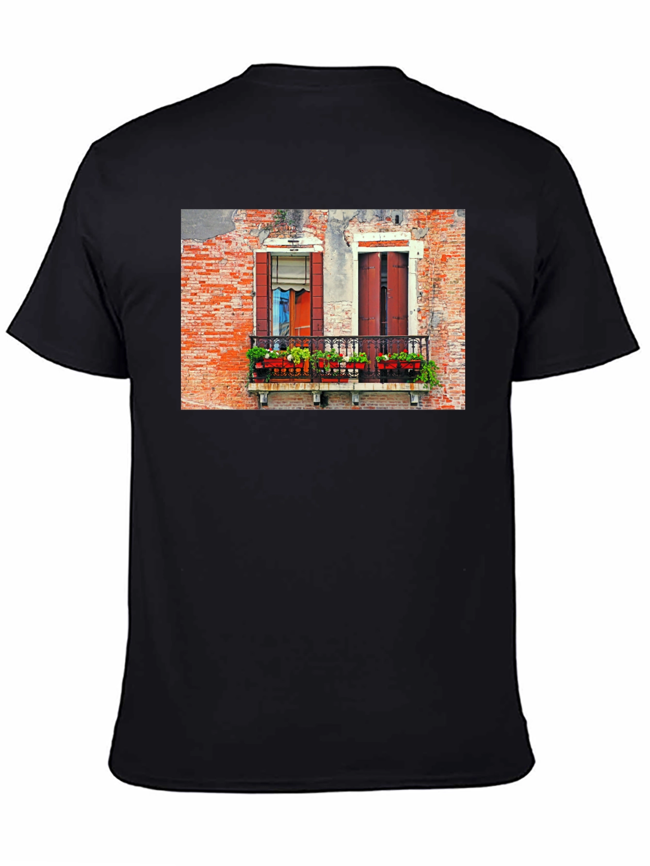 Venice Window T-Shirt: Black Balcony View