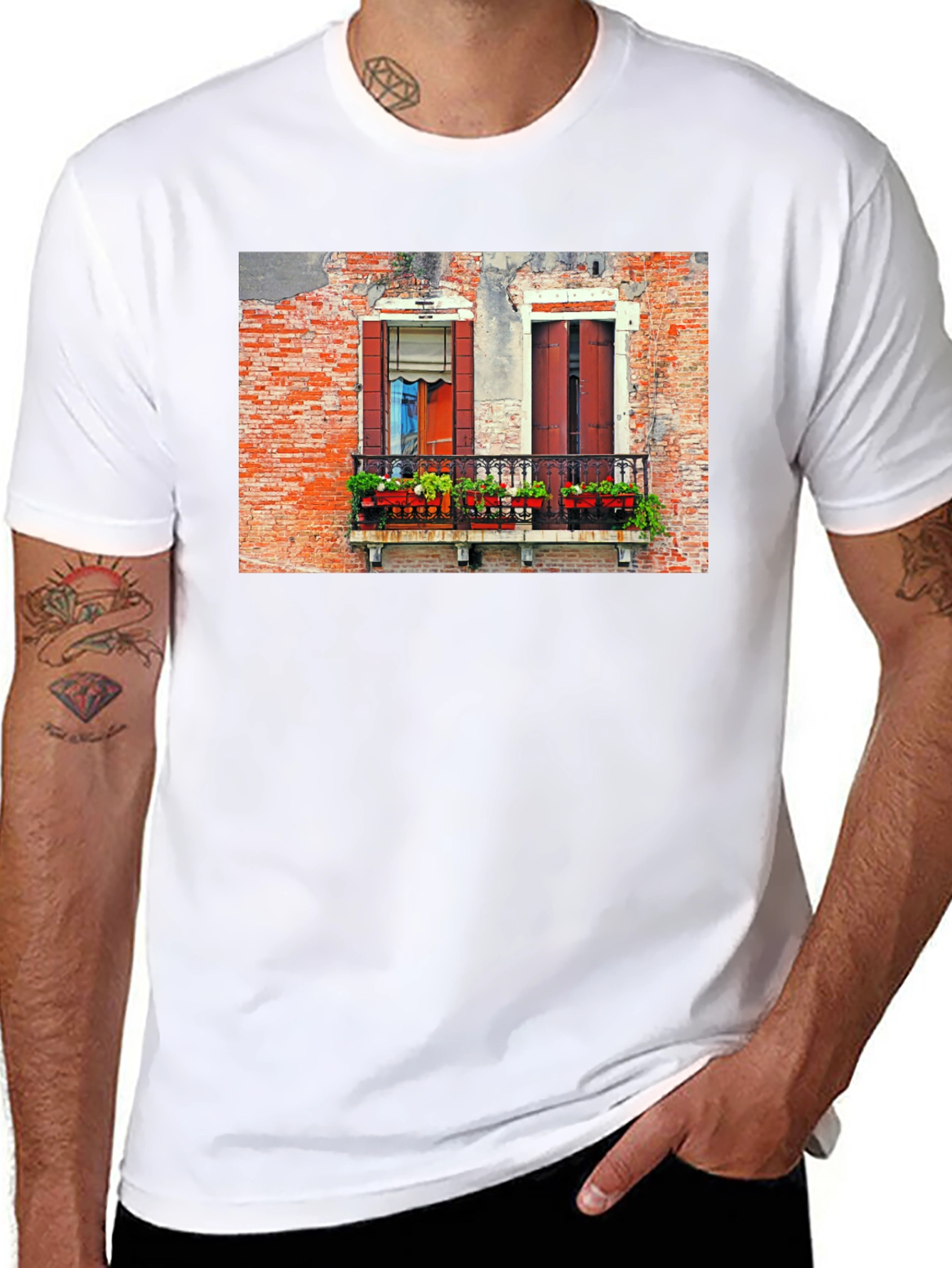 Venice Window T-Shirt: Black Balcony View