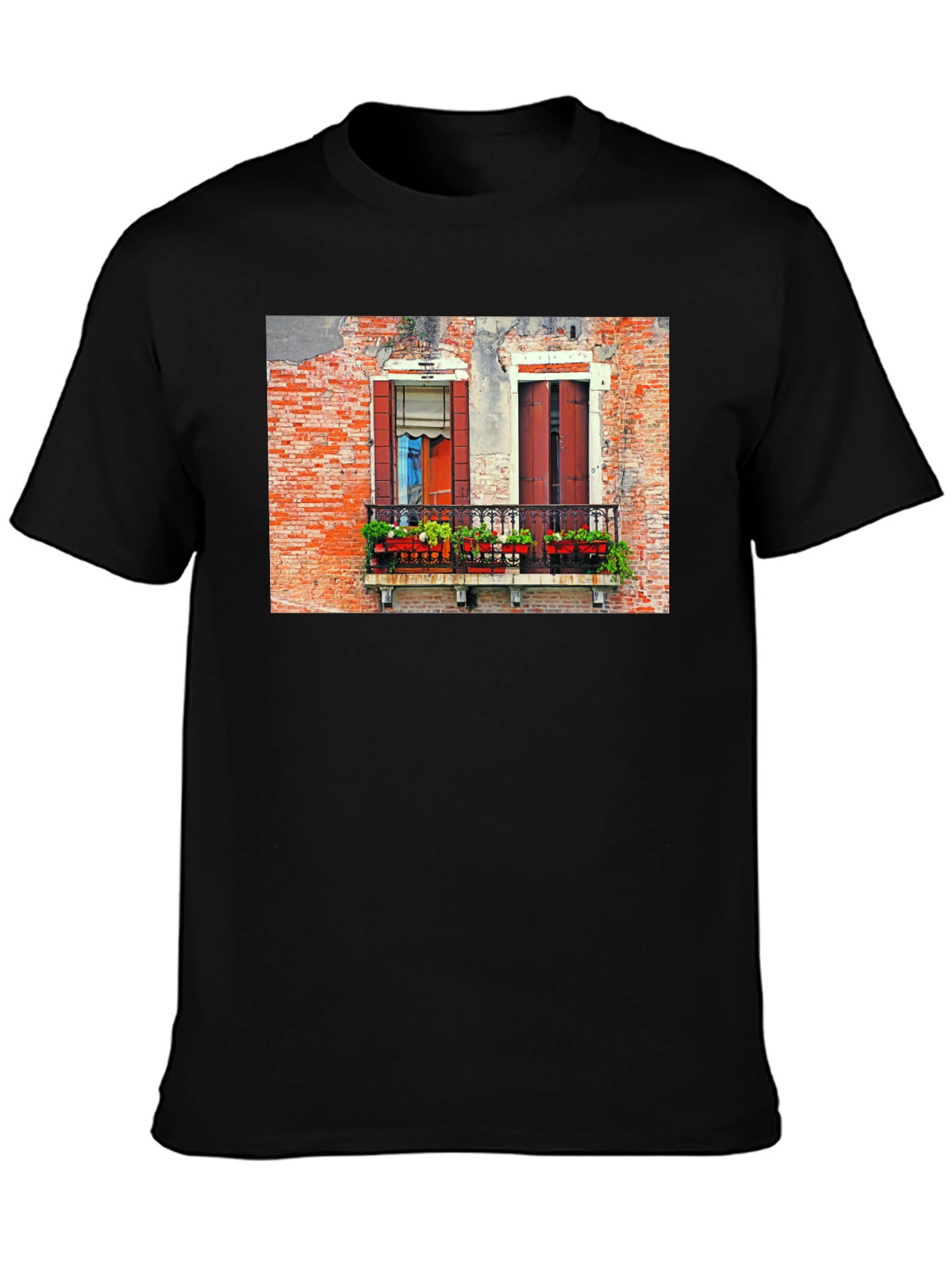 Venice Window T-Shirt: Black Balcony View