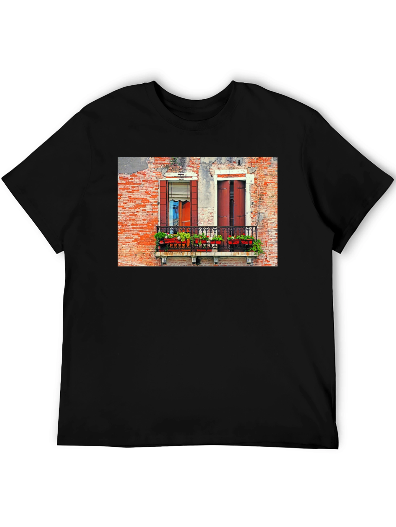 Venice Window T-Shirt: Black Balcony View