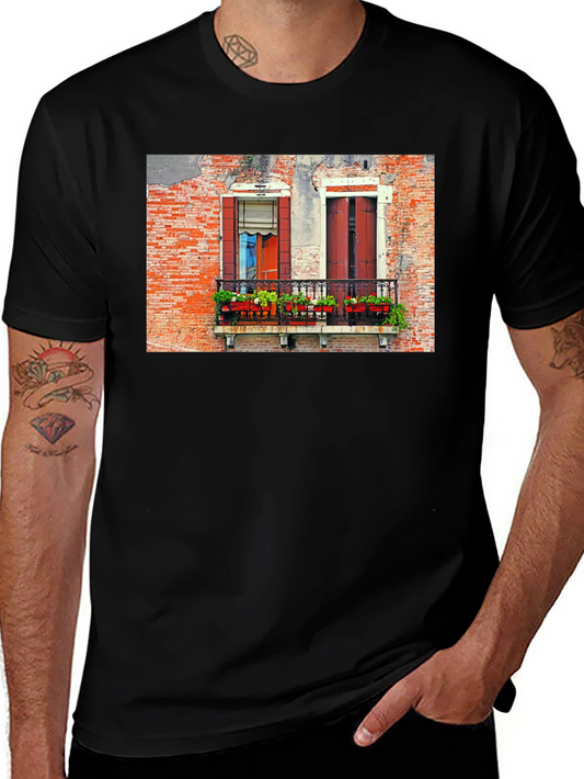 Venice Window T-Shirt: Black Balcony View