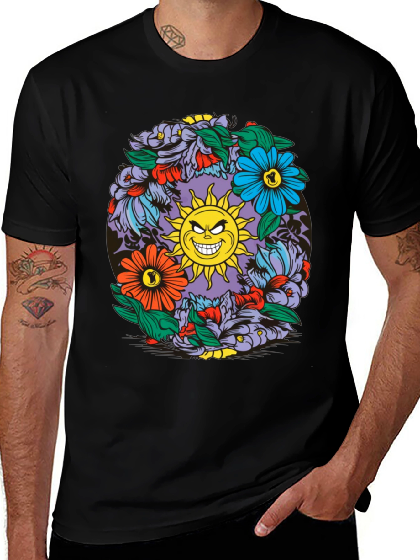 Floral Sun Graphic Black T-Shirt