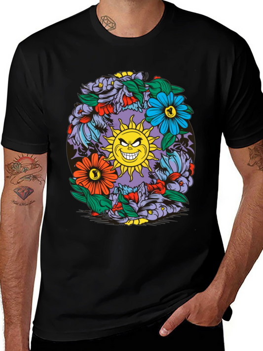 Floral Sun Graphic Black T-Shirt