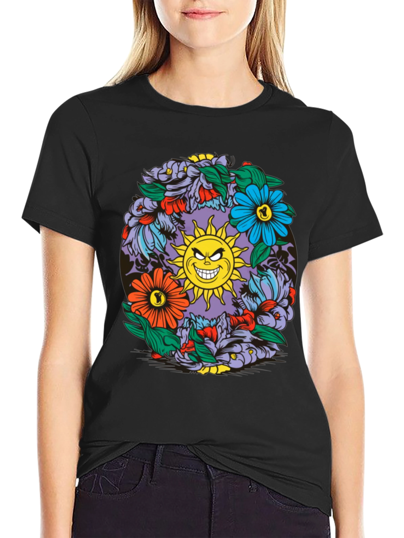 Floral Sun Graphic Black T-Shirt