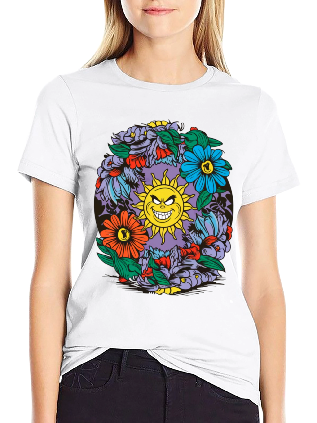 Floral Sun Graphic Black T-Shirt