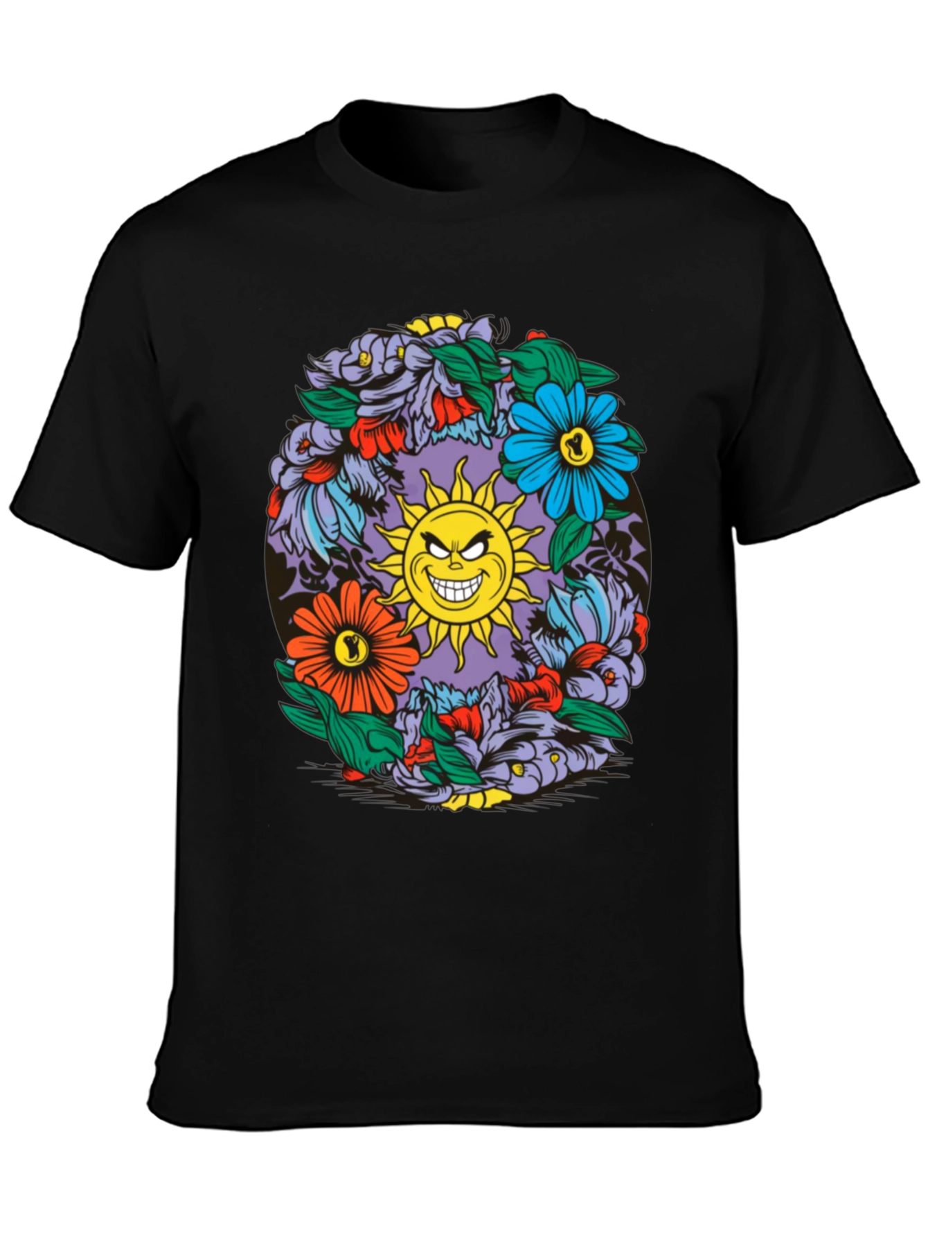 Floral Sun Graphic Black T-Shirt