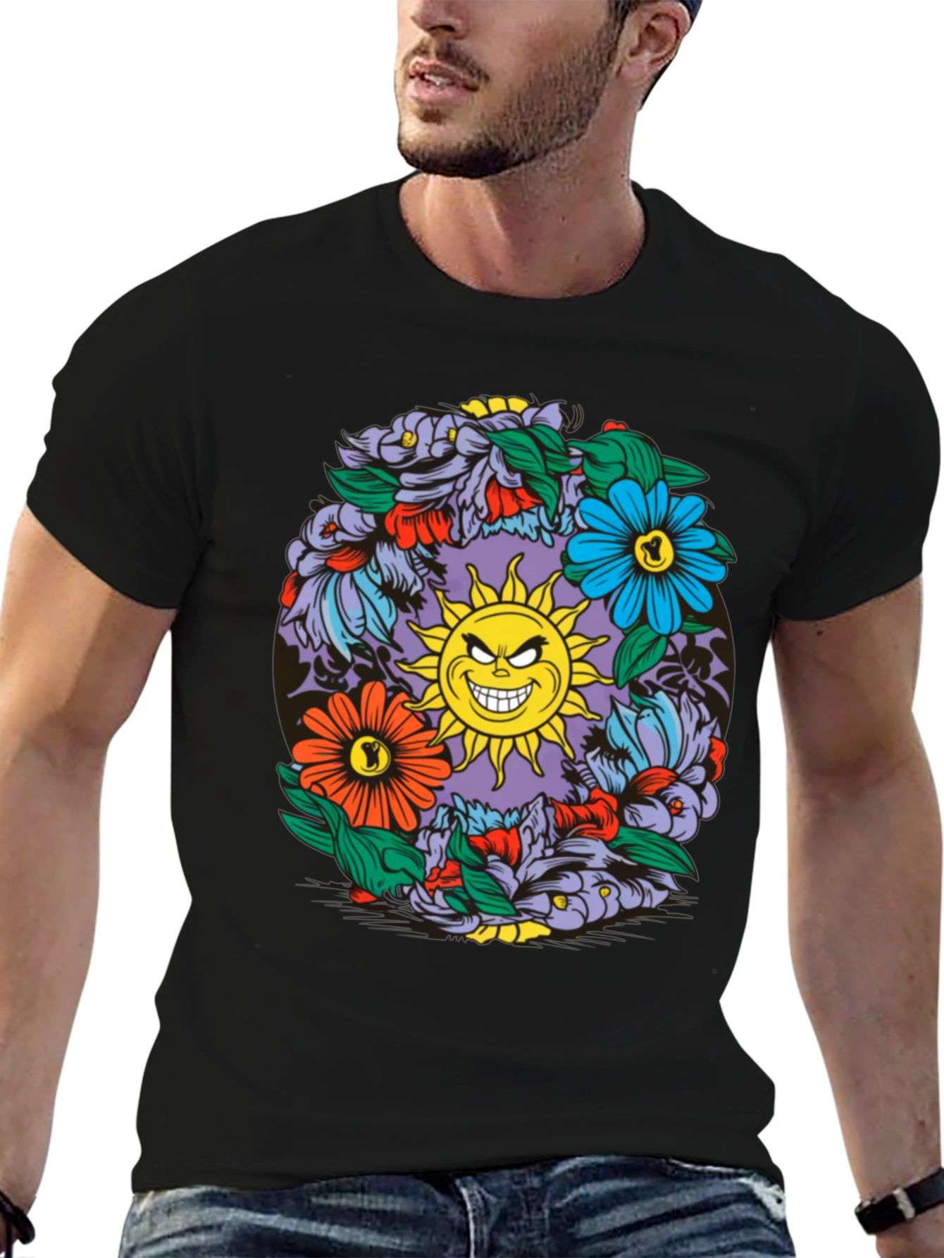 Floral Sun Graphic Black T-Shirt