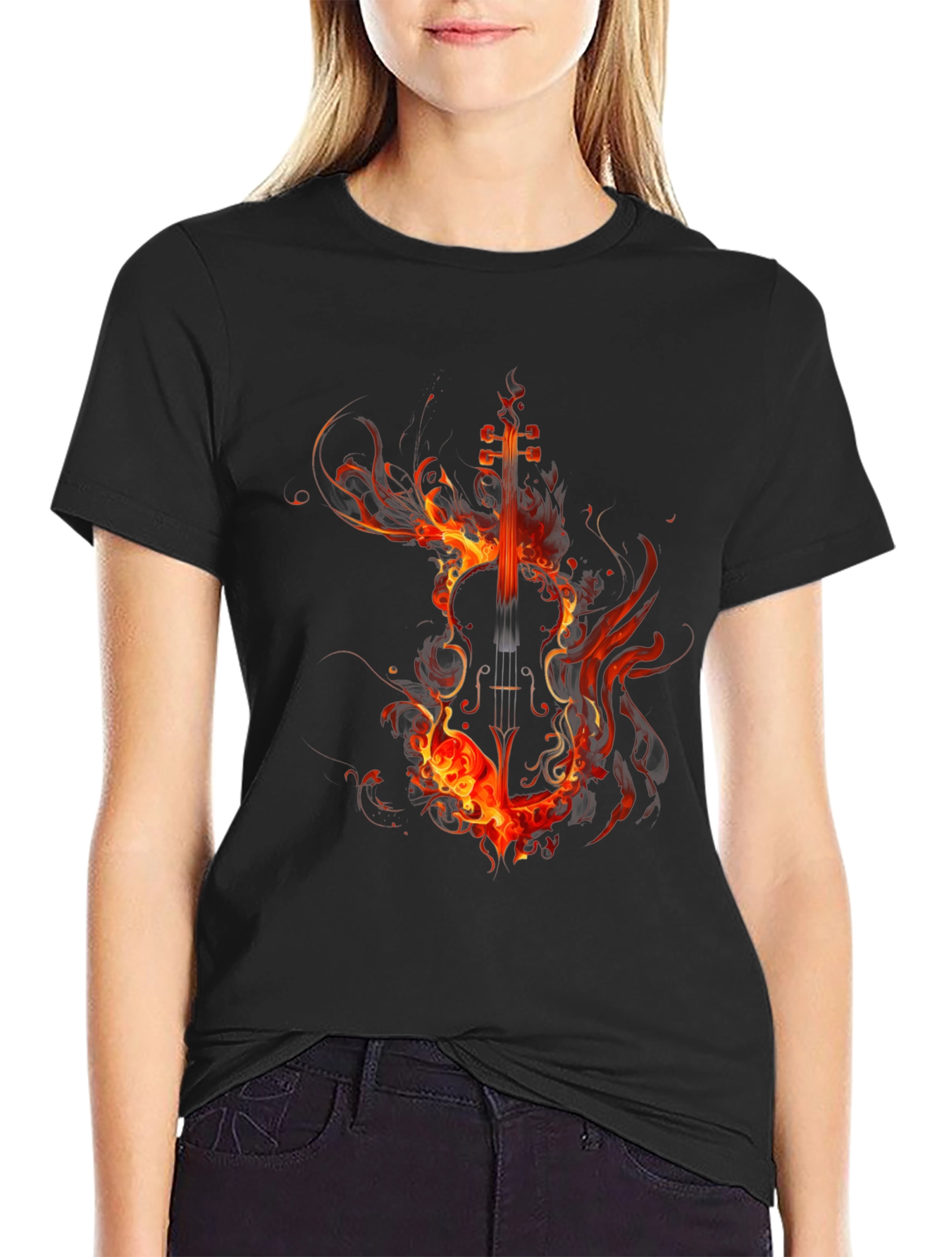 Fiery Violin Graphic T-Shirt - Black